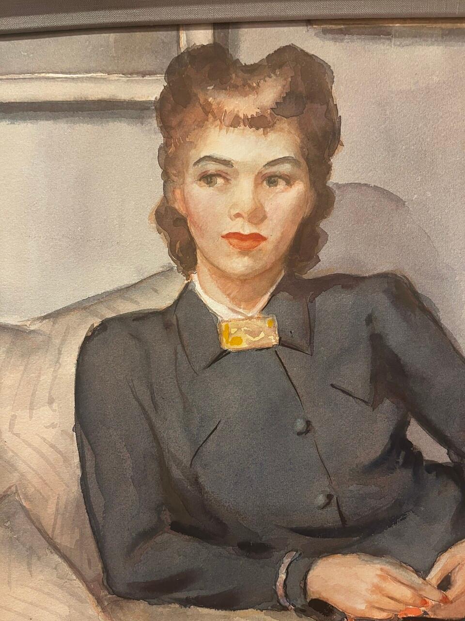 Oil on Board by Sandy Sutherland. this late 60's early 70's portrait of a woman, possibly a stewardess is a unique example of using oil paint and having the appearance of a watercolor. Nicely done in a beautiful frame. 
Sandy Sutherland