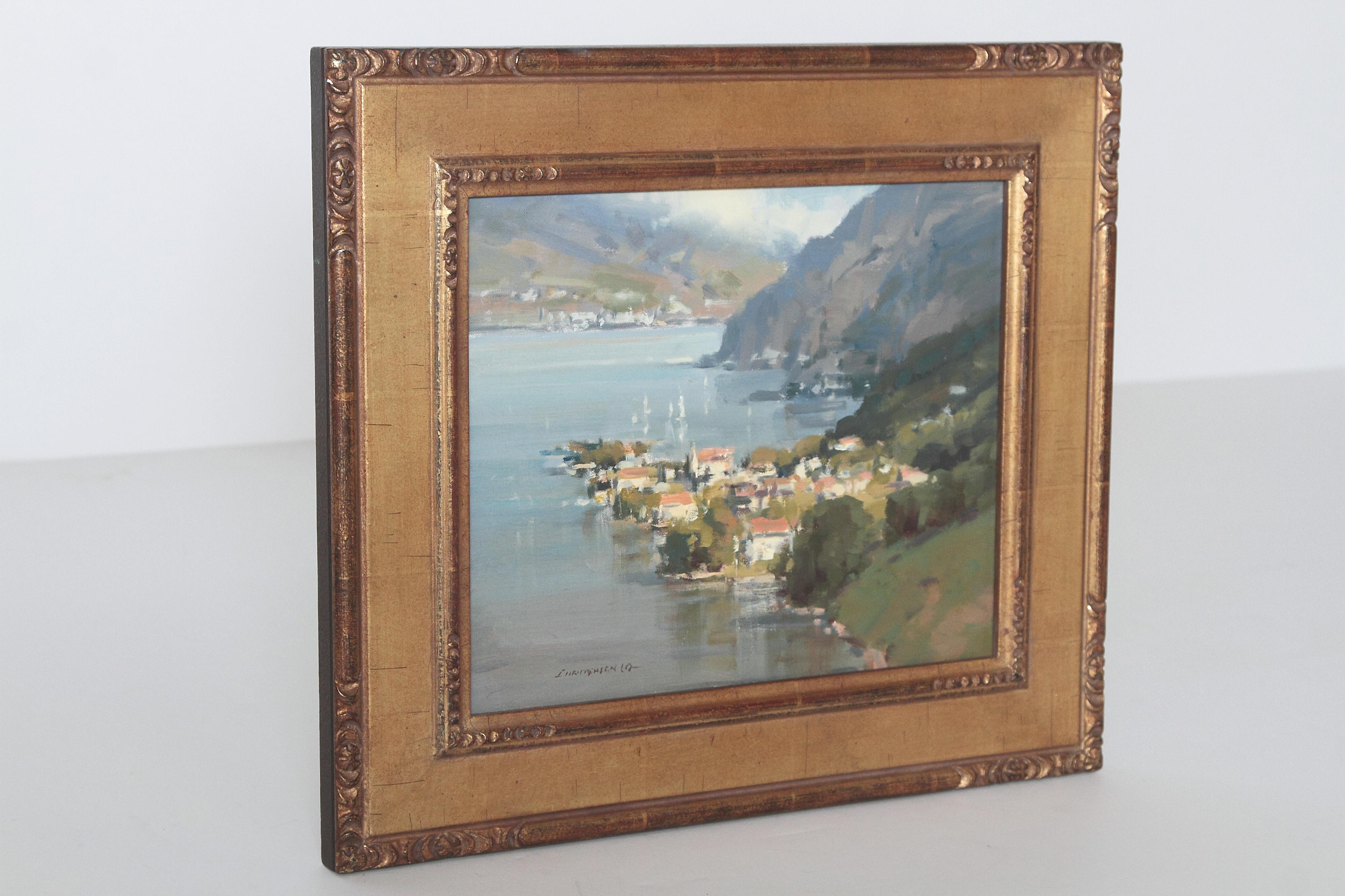 An original oil painting on board of a seascape with mountains above a coastal village titled 