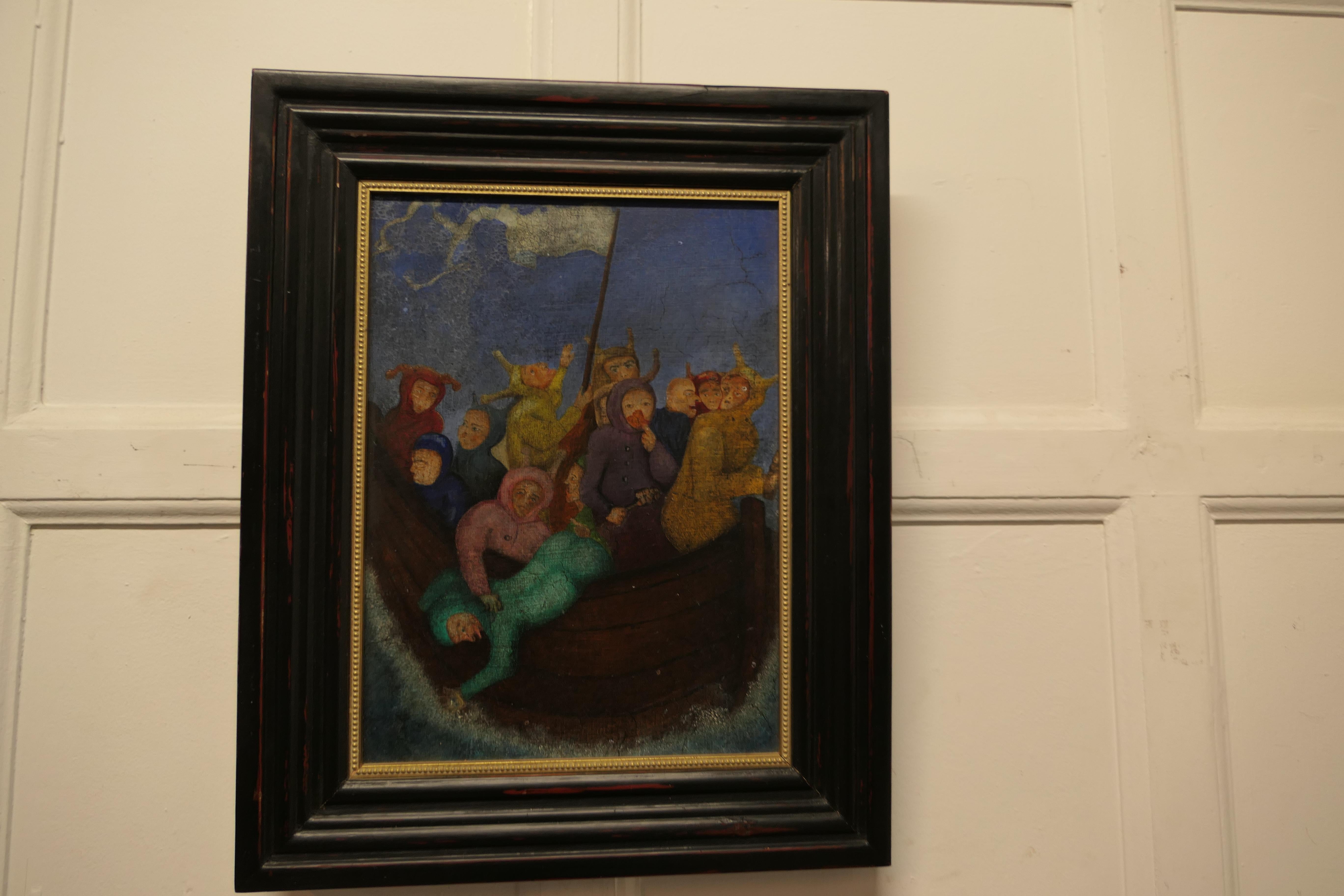 Folk Art Oil on Board Characters on a Boat a Very Unusual Subject For Sale