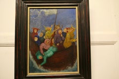 Oil on Board Characters on a Boat a Very Unusual Subject
