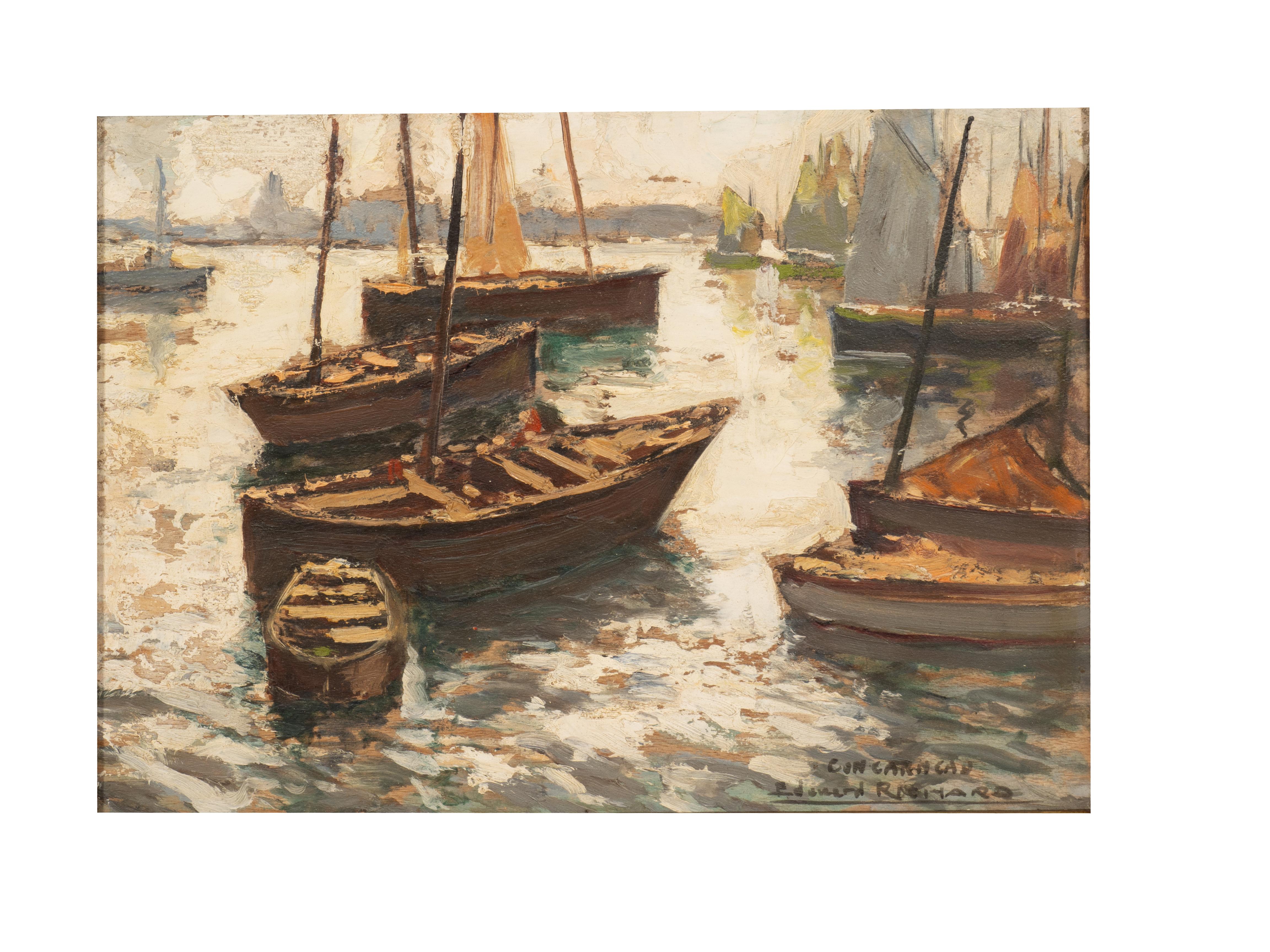 Zeigt eine Hafenszene in Concarneau, Frankreich. Der Künstler lebte von 1883 bis 1955. Signiert unten rechts. Rahmen aus Giltwood.