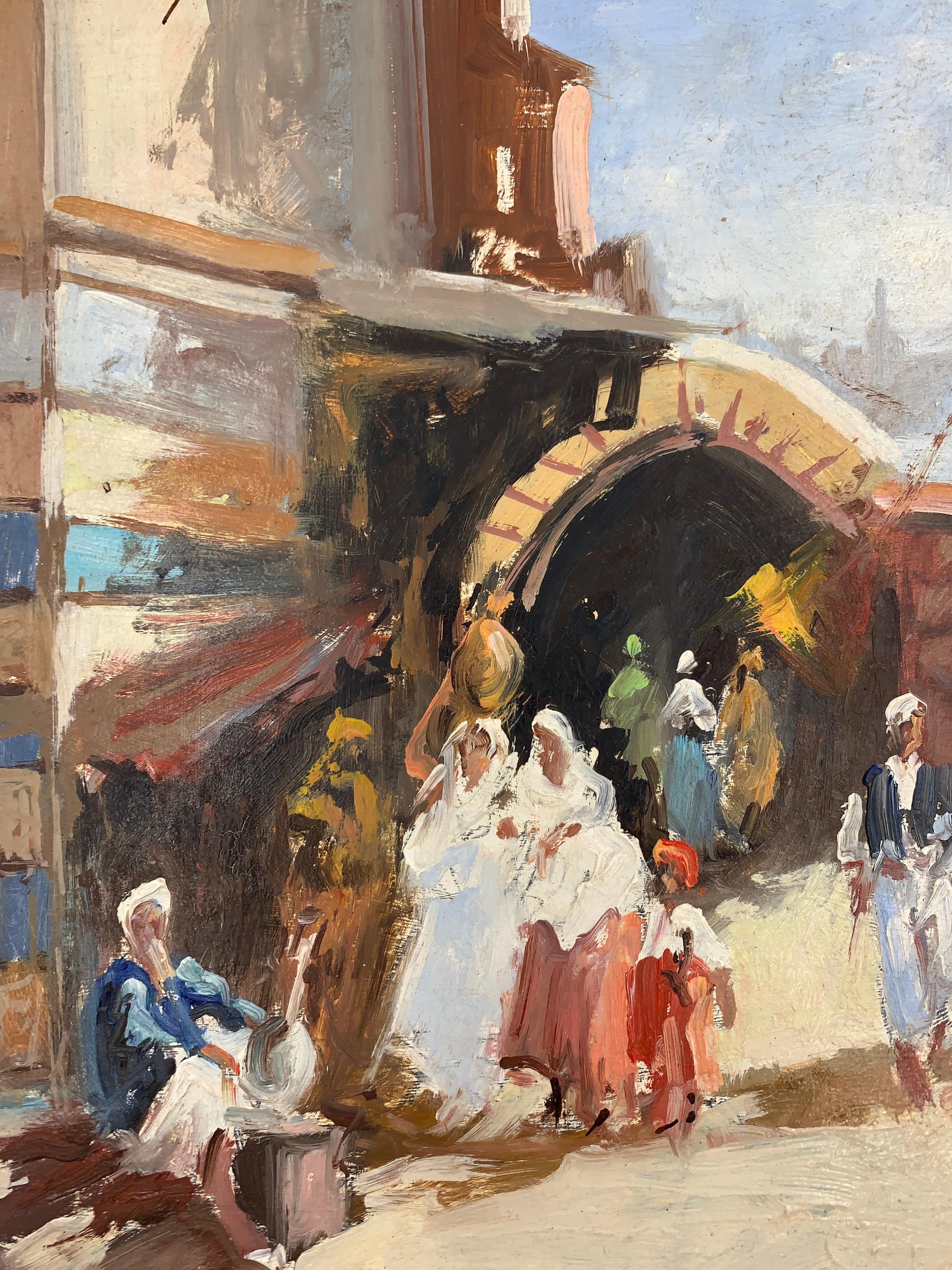 Oil on Board Decorative Painting, Oriental Market Scene In Good Condition In London, GB
