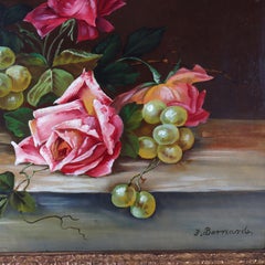 Oil On Board Floral Still Life Painting Of Roses & Grapes By J. Bernard C1920