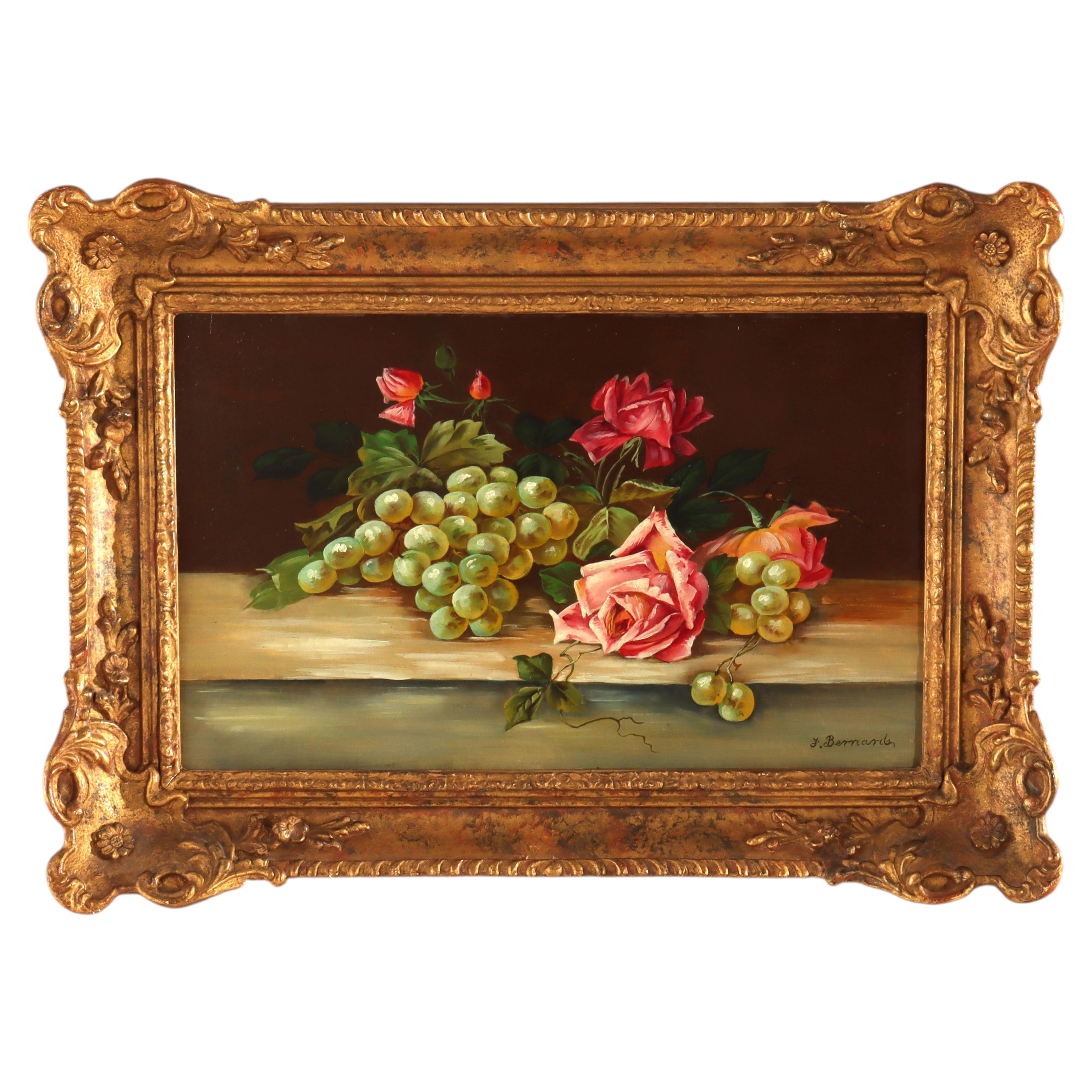 Oil On Board Floral Still Life Painting Of Roses & Grapes By J. Bernard C1920 For Sale