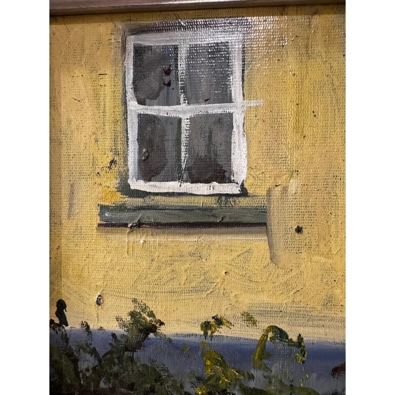 Este hermoso óleo original francés tiene como tema un pequeño pueblo, con un toldo extruido, un jardín y una pequeña escena de pueblo. Los colores dominantes son amarillos y verdes, con toques de gris y blanco.