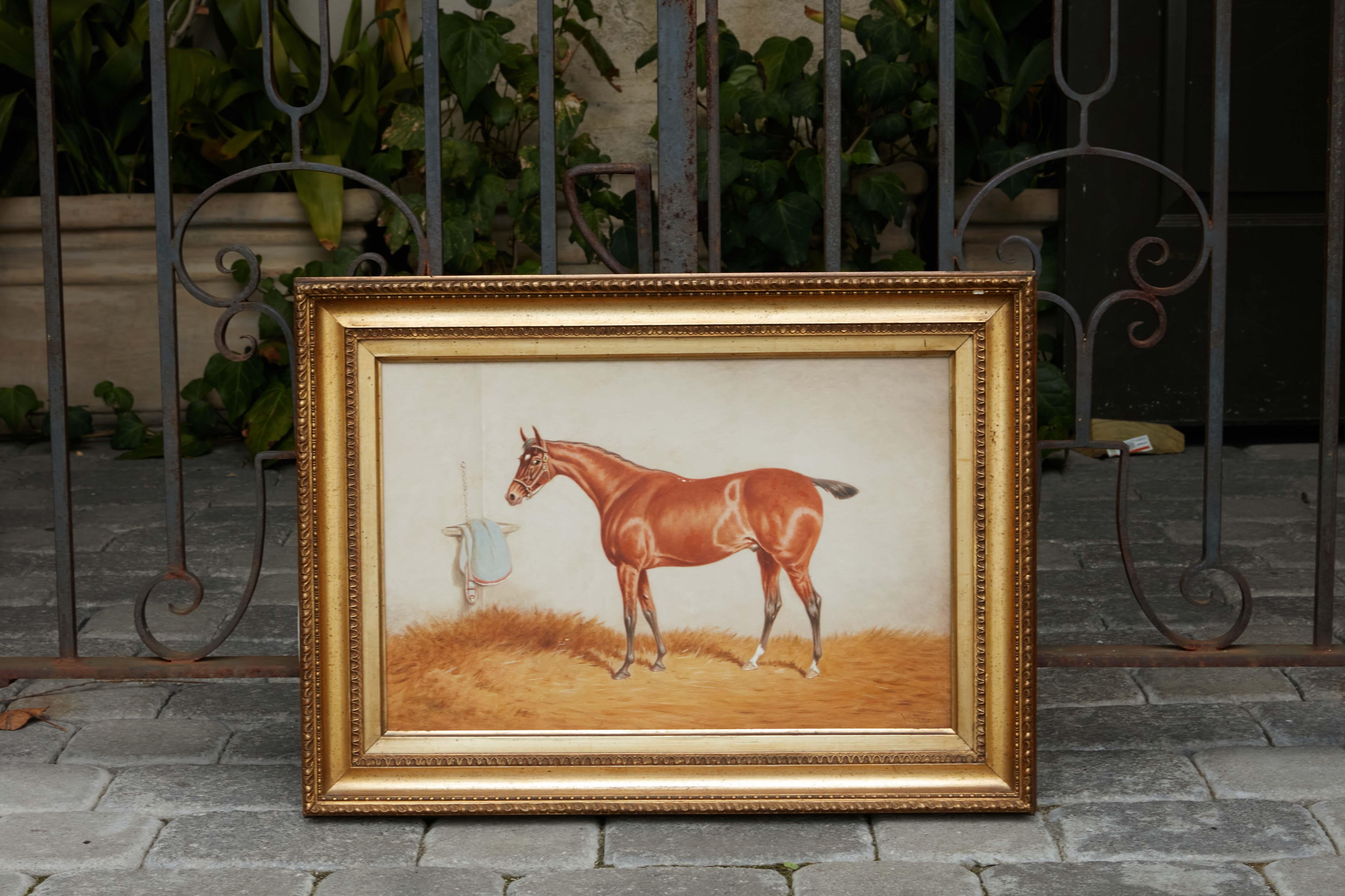 An English Turn of the Century oil on board horse painting from the early 20th century titled 