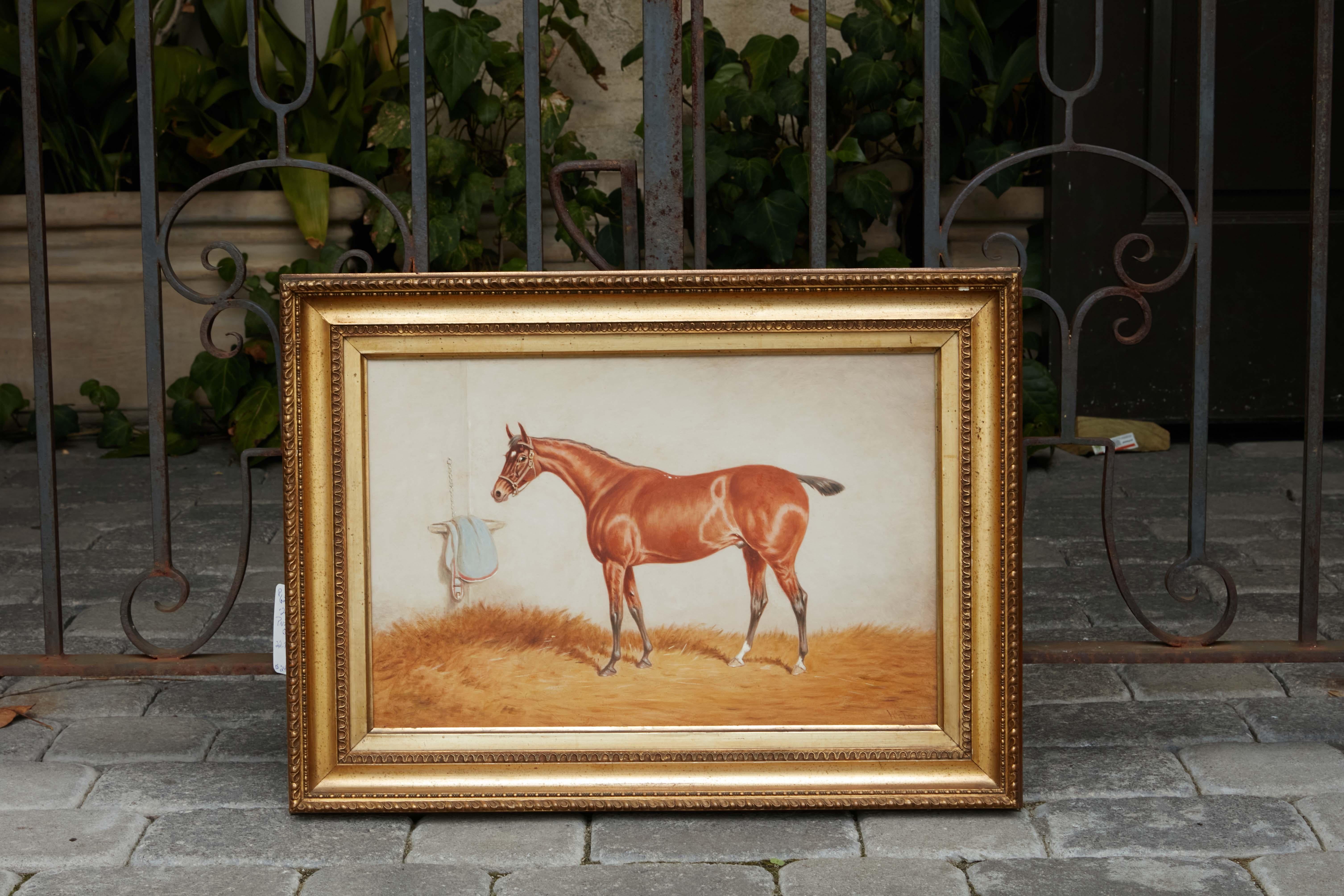 20th Century Oil on Board Horse Painting Titled the Saint Prize Hunter of England, circa 1900 For Sale
