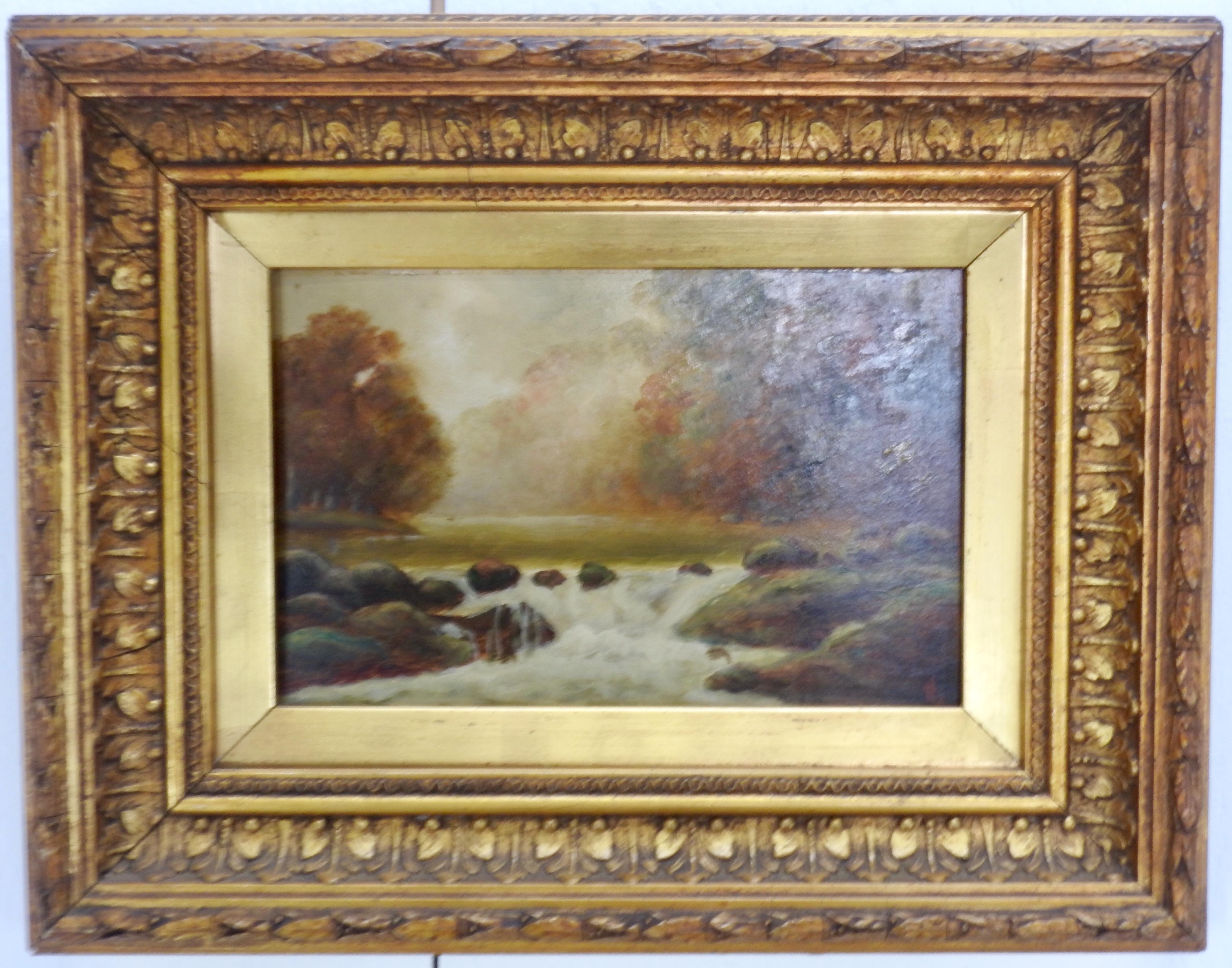 Pair of artist signed oil on board landscape paintings encased in ornate gilt frames. The paintings are signed with initials. Painted on prepared Students' Academy Board by Wilson & Newton of London, England. This company was founded in the 1830s.