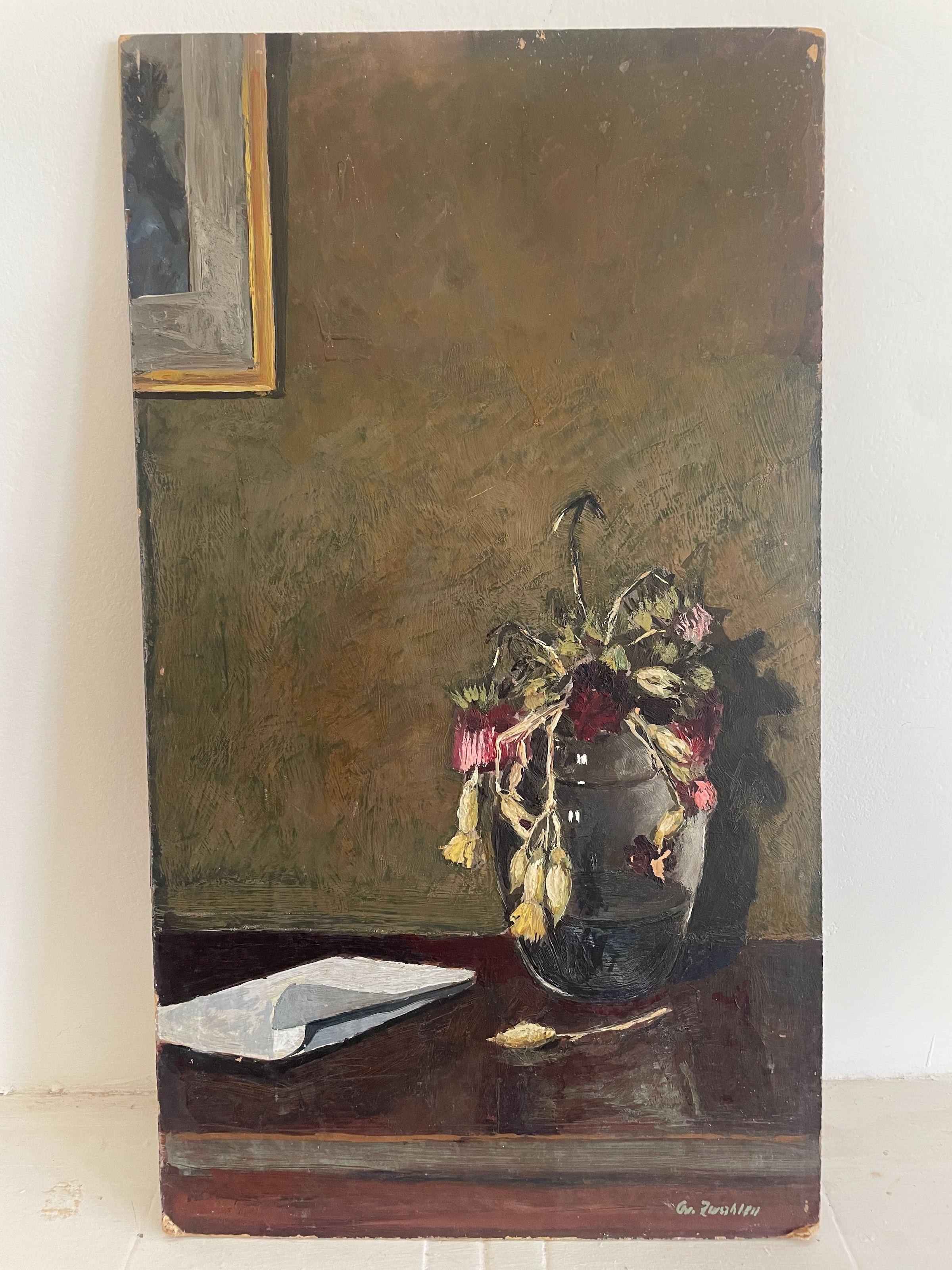 óleo sobre tabla, nature morte, de Christian Zwahlen, mediados de siglo, Suiza Suizo en venta