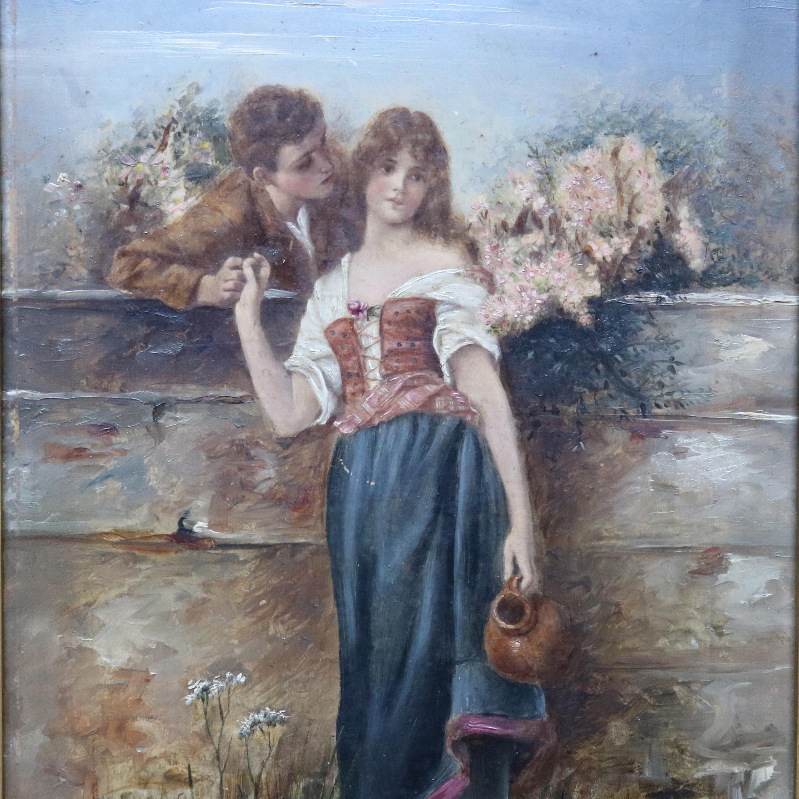 Antique neoclassical oil on board painting depicts courting scene in countryside setting, unsigned, seated in giltwood frame, circa 1890.

***DELIVERY NOTICE – Due to COVID-19 we are employing NO-CONTACT PRACTICES in the transfer of purchased items.