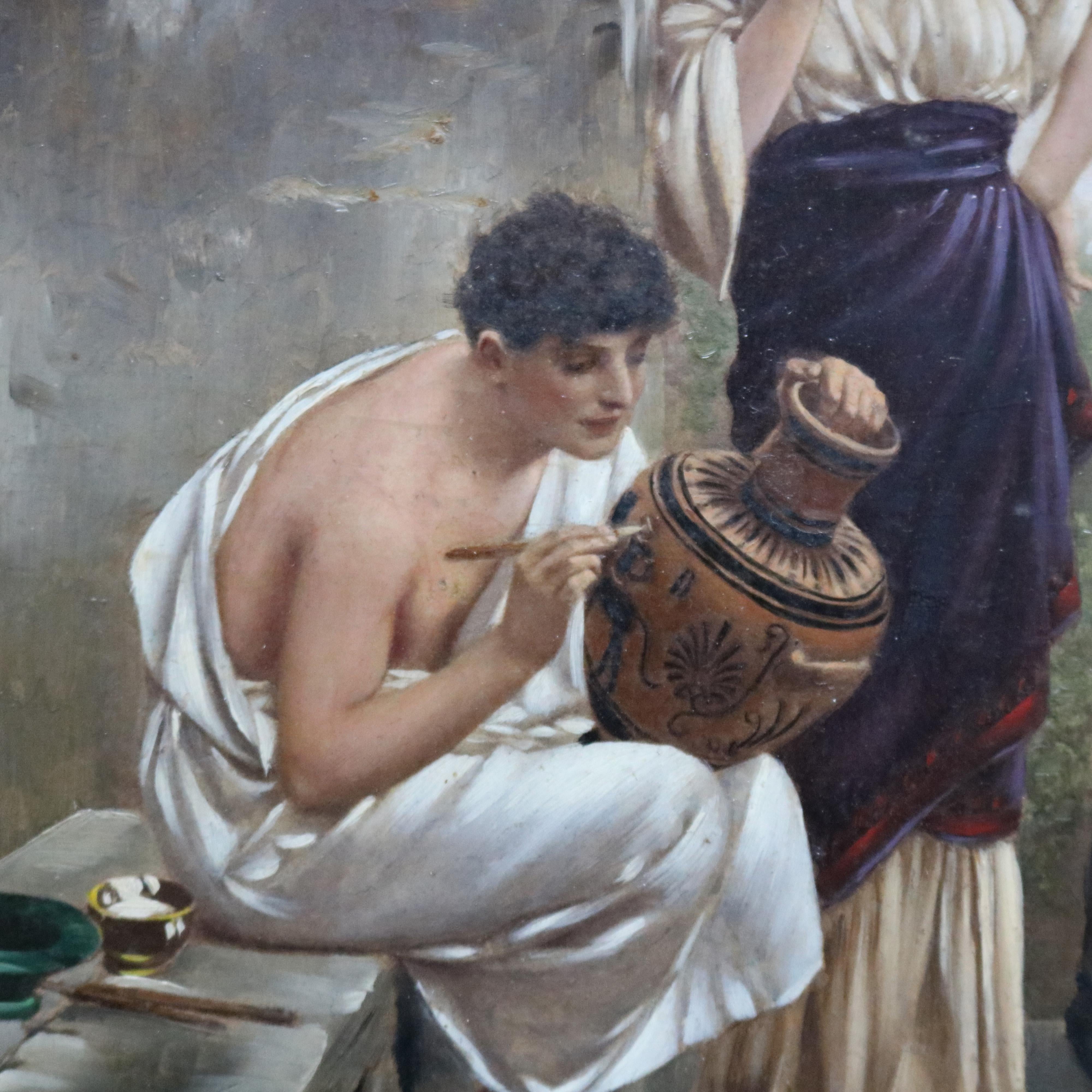 Antique neoclassical oil on board painting depicts Grecian courting scene in pottery workshop setting, unsigned, seated in giltwood frame, circa 1890

***DELIVERY NOTICE – Due to COVID-19 we are employing NO-CONTACT PRACTICES in the transfer of