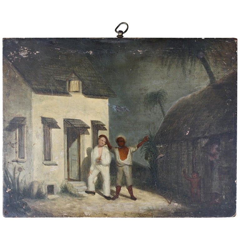 Oil on Board of a Mauritius Slave and His Family Folk Art, circa 1820