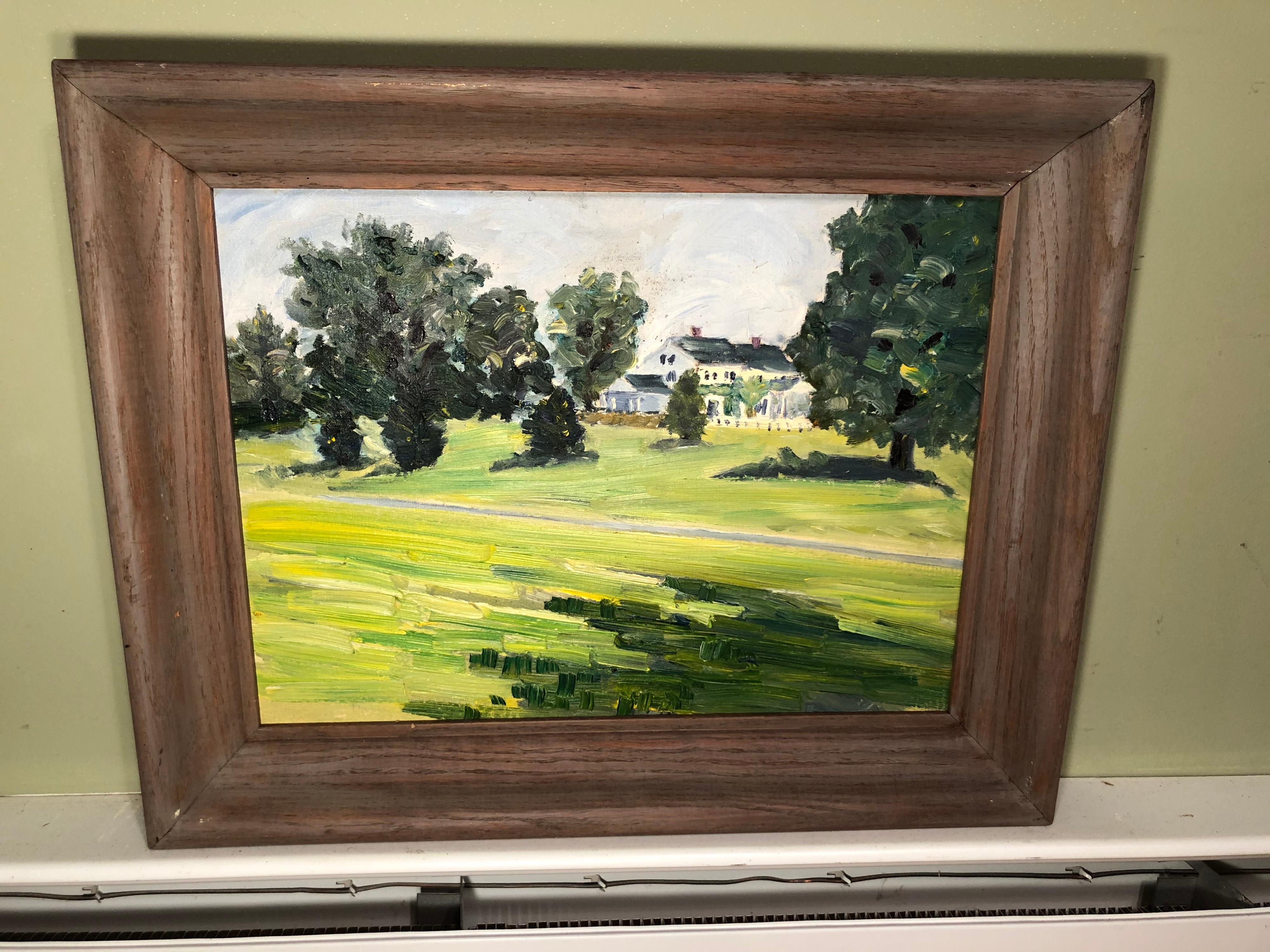 Oil on board of a Pastoral Scene with house. Nice impasto style composition. Unsigned and in a solid wooden frame.