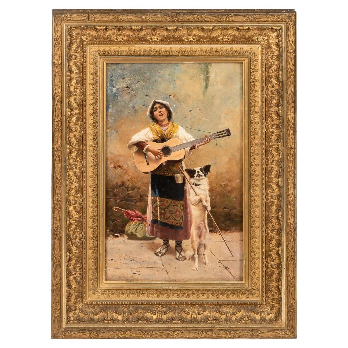 Öl auf Karton einer Gitarre spielenden Frau, signiert von José Echena (Spanien 1845-1909)