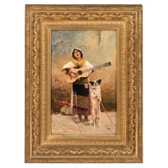 Antique Oil On Board Of A Woman Playing Guitar, Signed By José Echena (Spain 1845-1909)