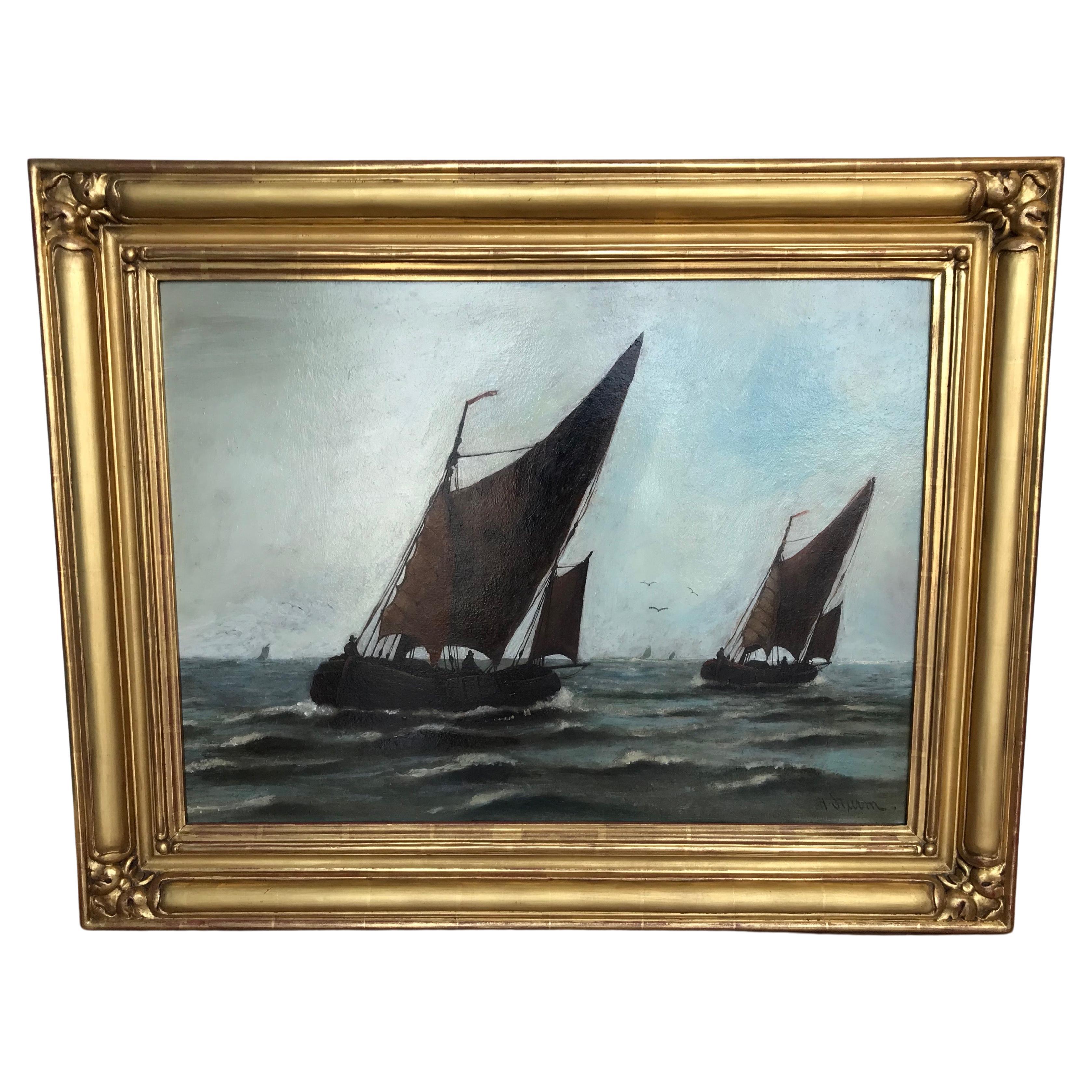Oil on Board of Sailing Boats by Sturm