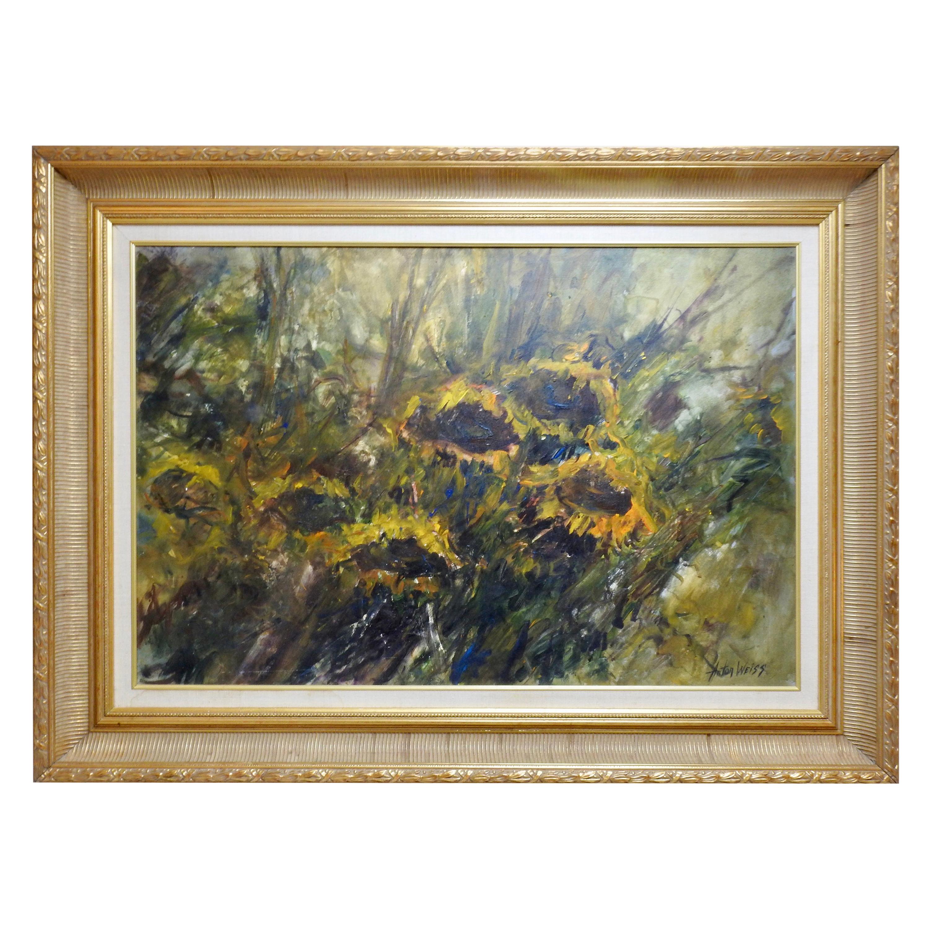 Oil on Board of Sunflowers Signed Anton Weiss For Sale