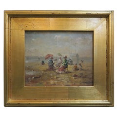 Oil on Board of Women at Beach in Giltwood Frame, 20th Century