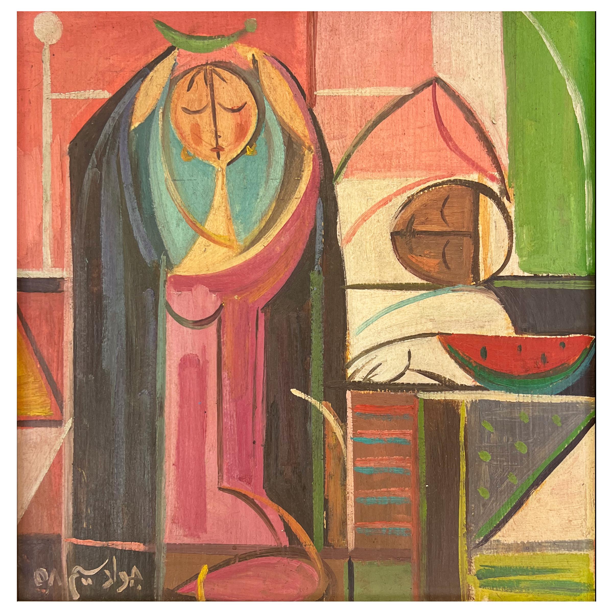 Colourful painting by the Iraqi pioneer Jawad Selim, signed and dated lower left ( Jawad Selim 58 ). 

Dimensions: H: 48cm, W: 47cm, D: 4cm 

Board: H: 31cm, W: 30cm 

It is impossible to understand the modern art movement in Iraq without