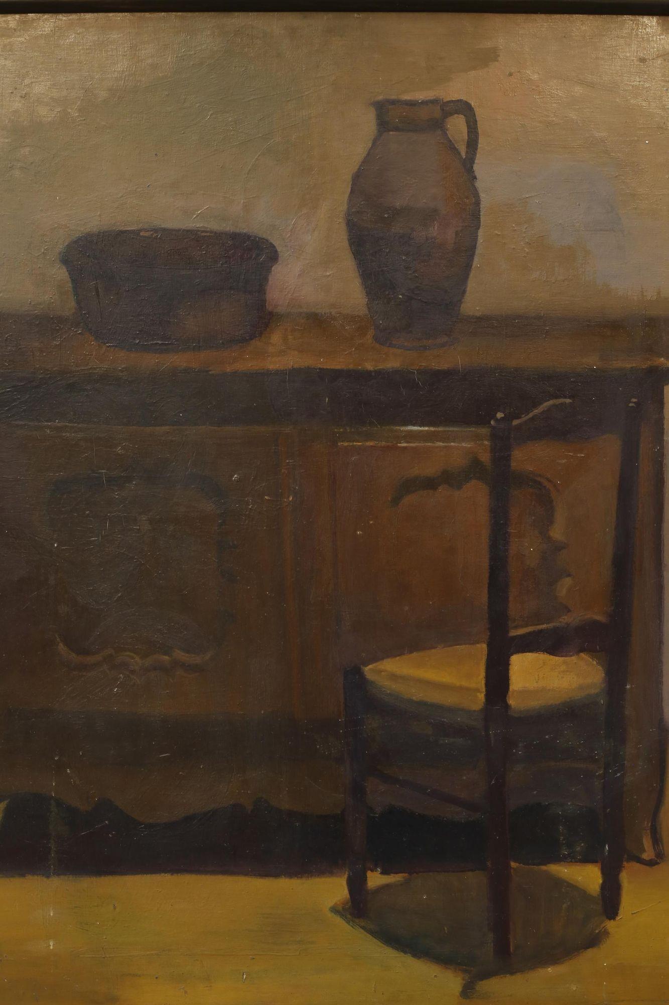 This is a rather special piece of Art by renowned French painter Jean Langlois. The painting depicts a French cupboard with two pots and a rush seated chair. The almost monochrome colour pallet is what struck me about this piece. It has a wonderful