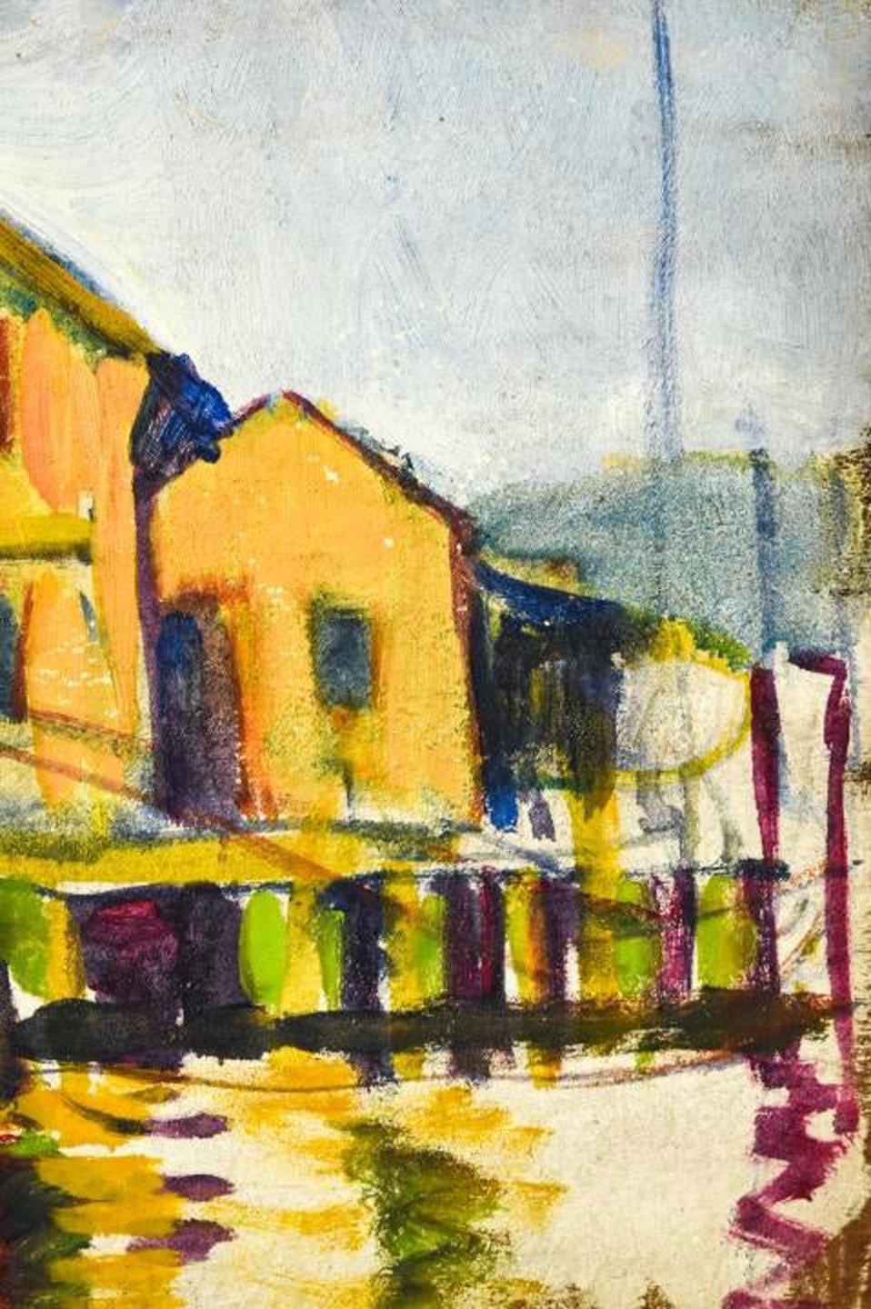 Leon Kroll zugeschriebenes Gemälde einer Szene aus Connecticut in Öl auf Holzplatte. Das kleine, aber gelungene Gemälde ist repräsentativ für die Arbeiten von Kroll. Das Gemälde zeigt eine Landschaftsszene aus Connecticut mit Gebäuden am Wasser.
In