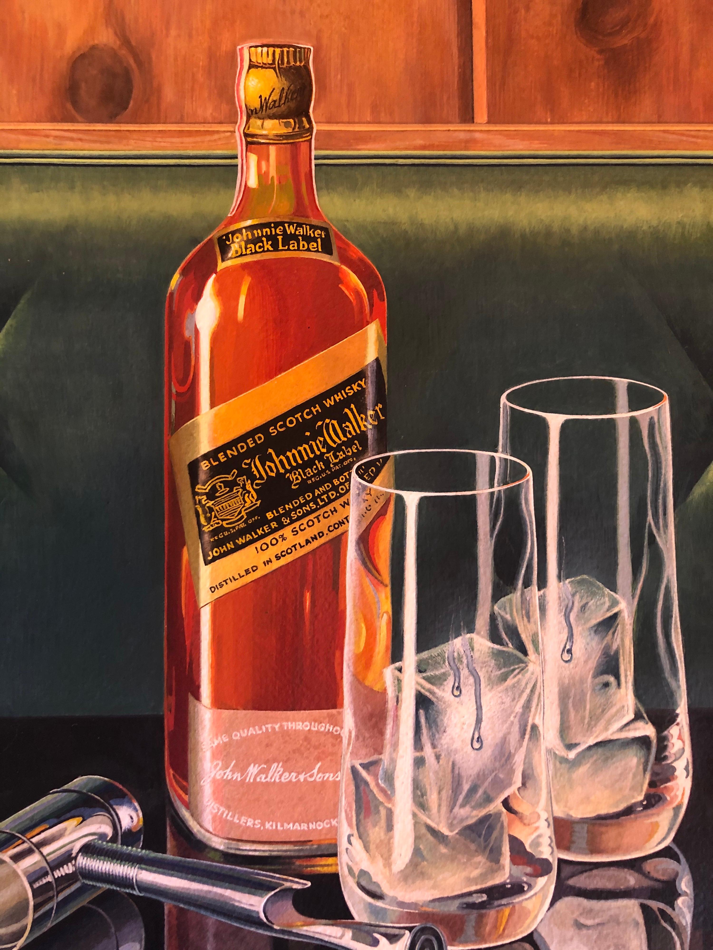 A very rare and collectible original oil on board painting by reknowned listed artist Arthur Fizpatrick, circa 1953. The piece depicts a bottle of Johnny Walker Black scotch and two tall glasses with ice cubes. is unframed and the painted image is