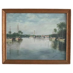 Vintage Oil on Board Painting of a Florida Harbor Signed EM Bargelt, Framed, 20thC