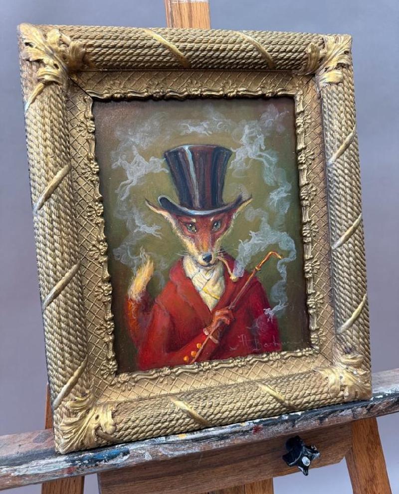 Oil on Board Painting of Dapper Dan Fox by Anthony Barham in Antique Frame. Wonderful painting by Virginia based artist Anthony Barham. This original painting depicts the humor of all Barham's hunt paintings as it has a handsome fox smoking a