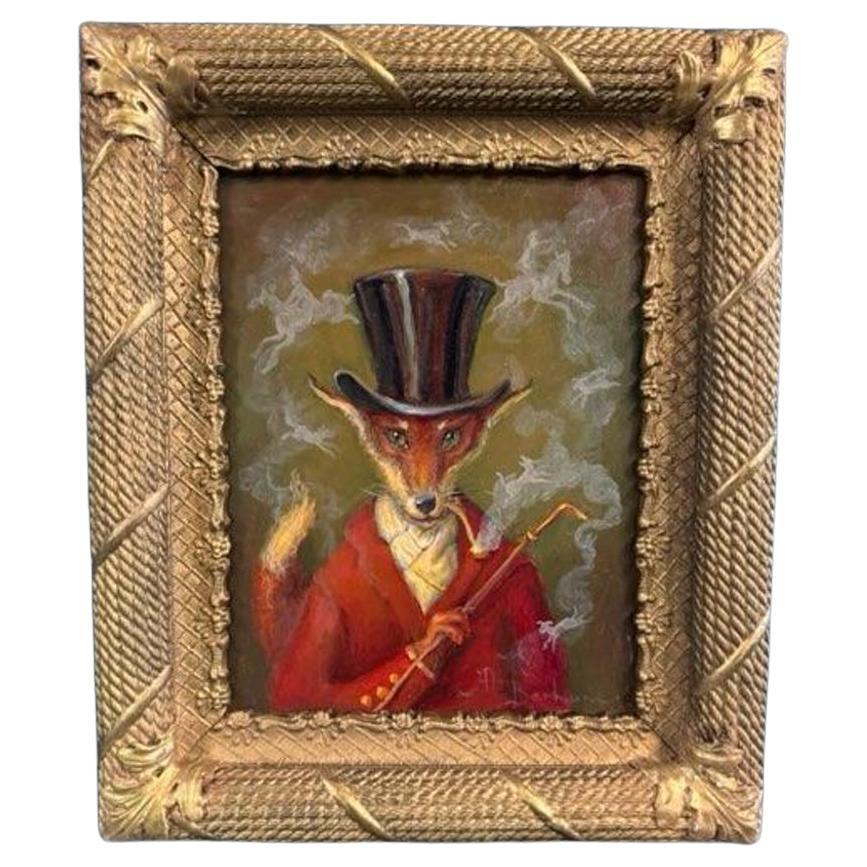 Oil on Board Painting of Dapper Dan Fox by Anthony Barham in Antique Frame For Sale