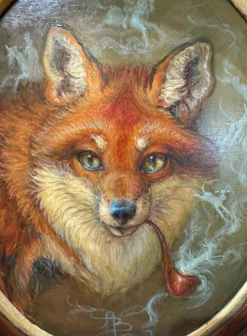 Oil on Board Painting of Fox Smoking Pipe in Antique Frame by Anthony Barham. Wonderful painting by Virginia based artist Anthony Barham. This original painting depicts the humor of all Barham's hunt paintings as it has a handsome fox smoking a
