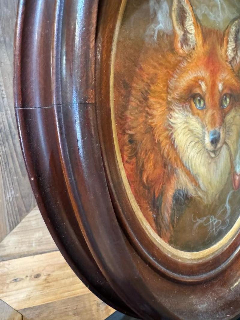 American Oil on Board Painting of Fox Smoking Pipe in Antique Frame by Anthony Barham