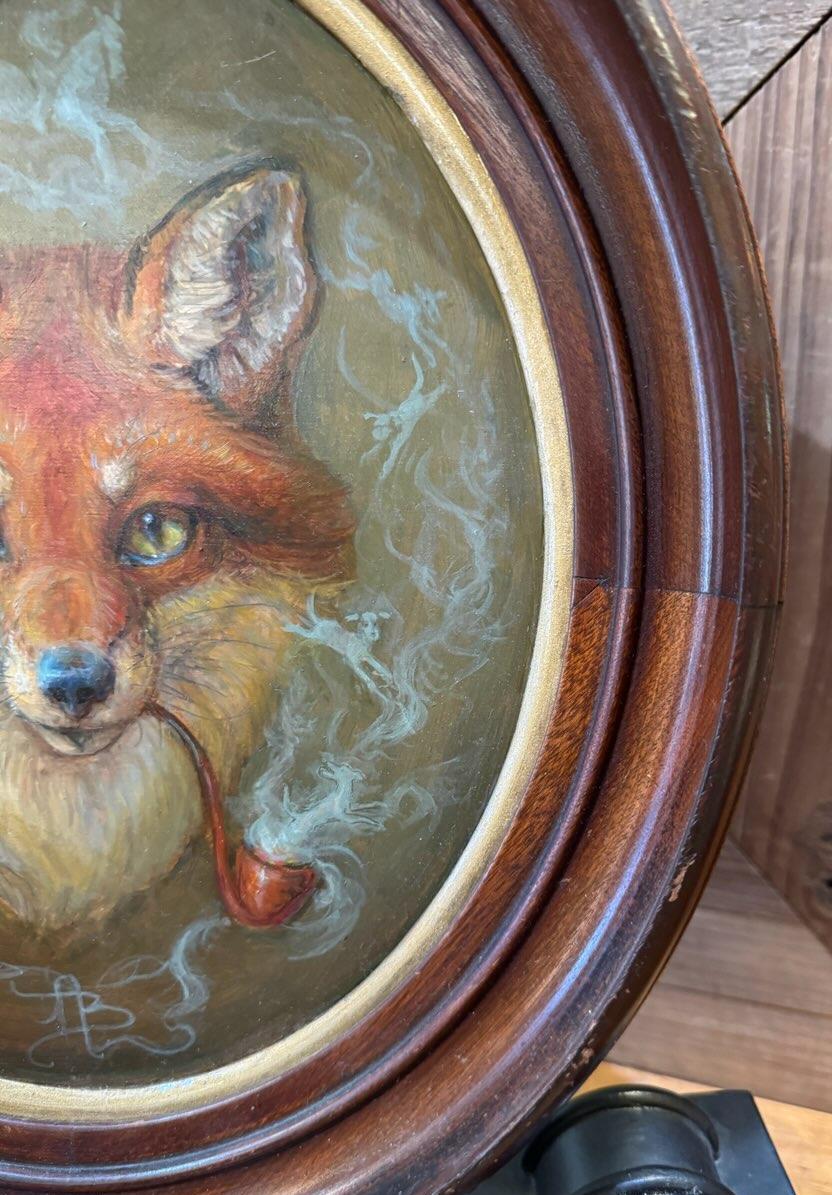 Oil on Board Painting of Fox Smoking Pipe in Antique Frame by Anthony Barham In New Condition In Middleburg, VA