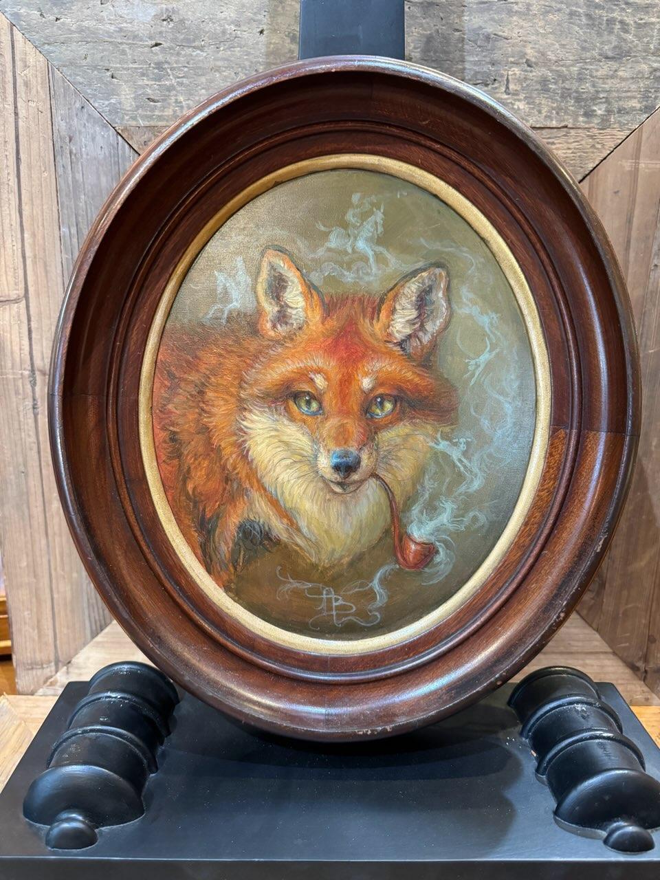 Contemporary Oil on Board Painting of Fox Smoking Pipe in Antique Frame by Anthony Barham