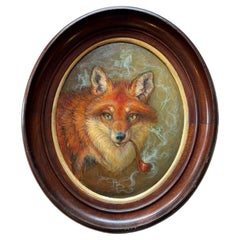 Oil on Board Painting of Fox Smoking Pipe in Antique Frame by Anthony Barham