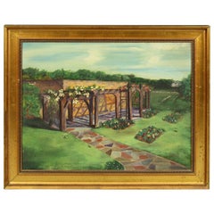 Antique Oil on Board Painting of Garden with Arbor and Path by Helen Rockwell, 1955