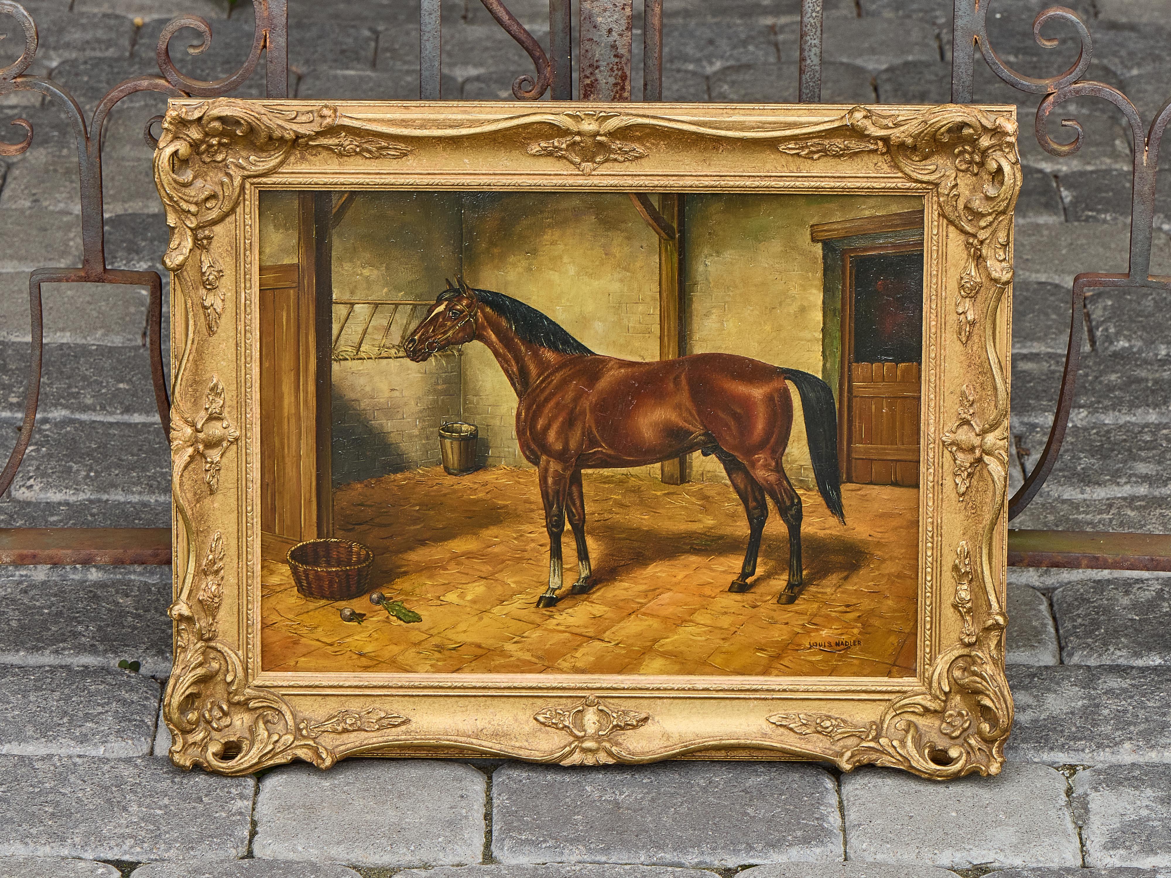 Peinture à l'huile sur panneau représentant un cheval dans une écurie par Louis Nadler, début du 20e siècle en vente 7