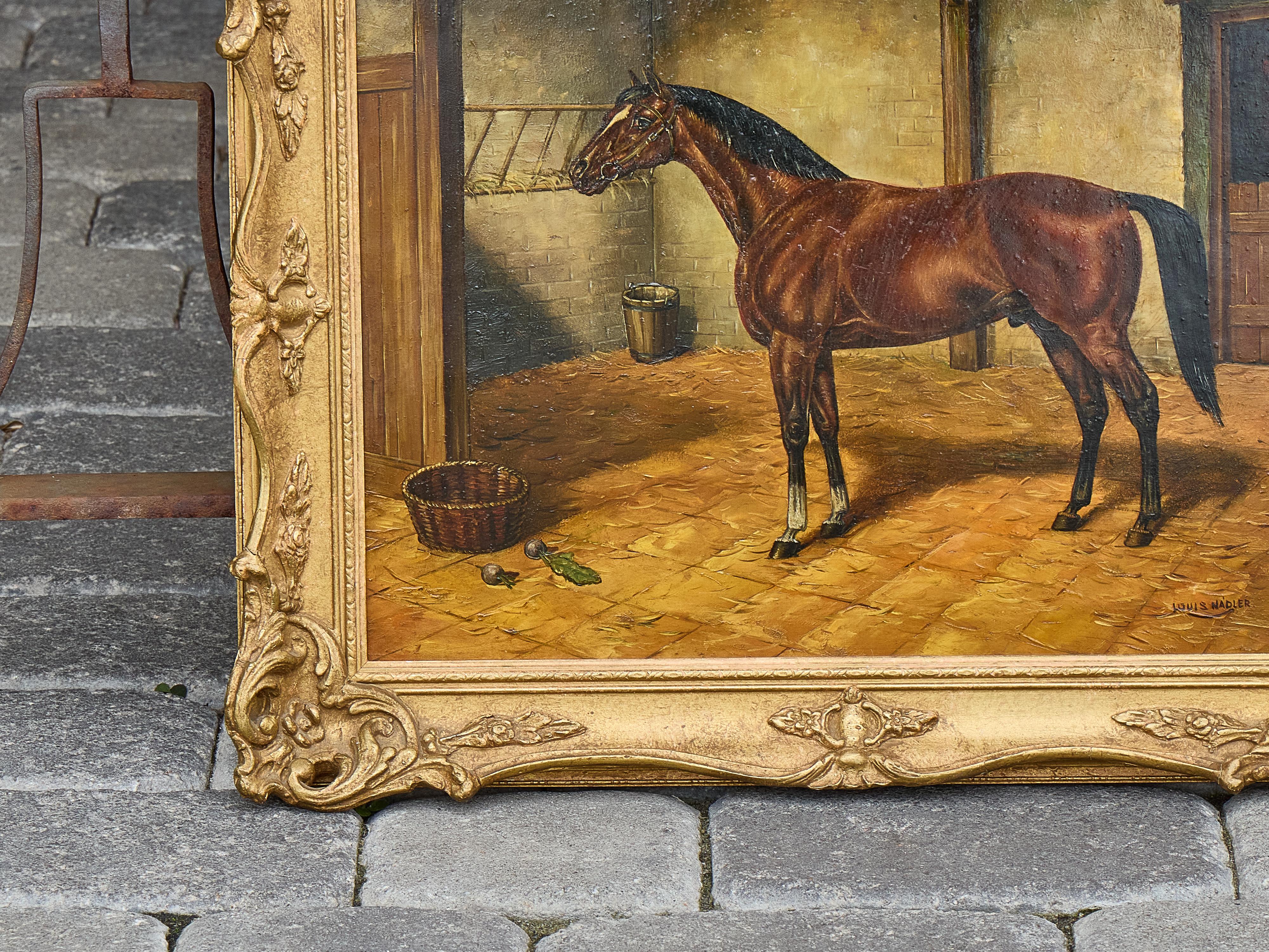 Américain Peinture à l'huile sur panneau représentant un cheval dans une écurie par Louis Nadler, début du 20e siècle en vente