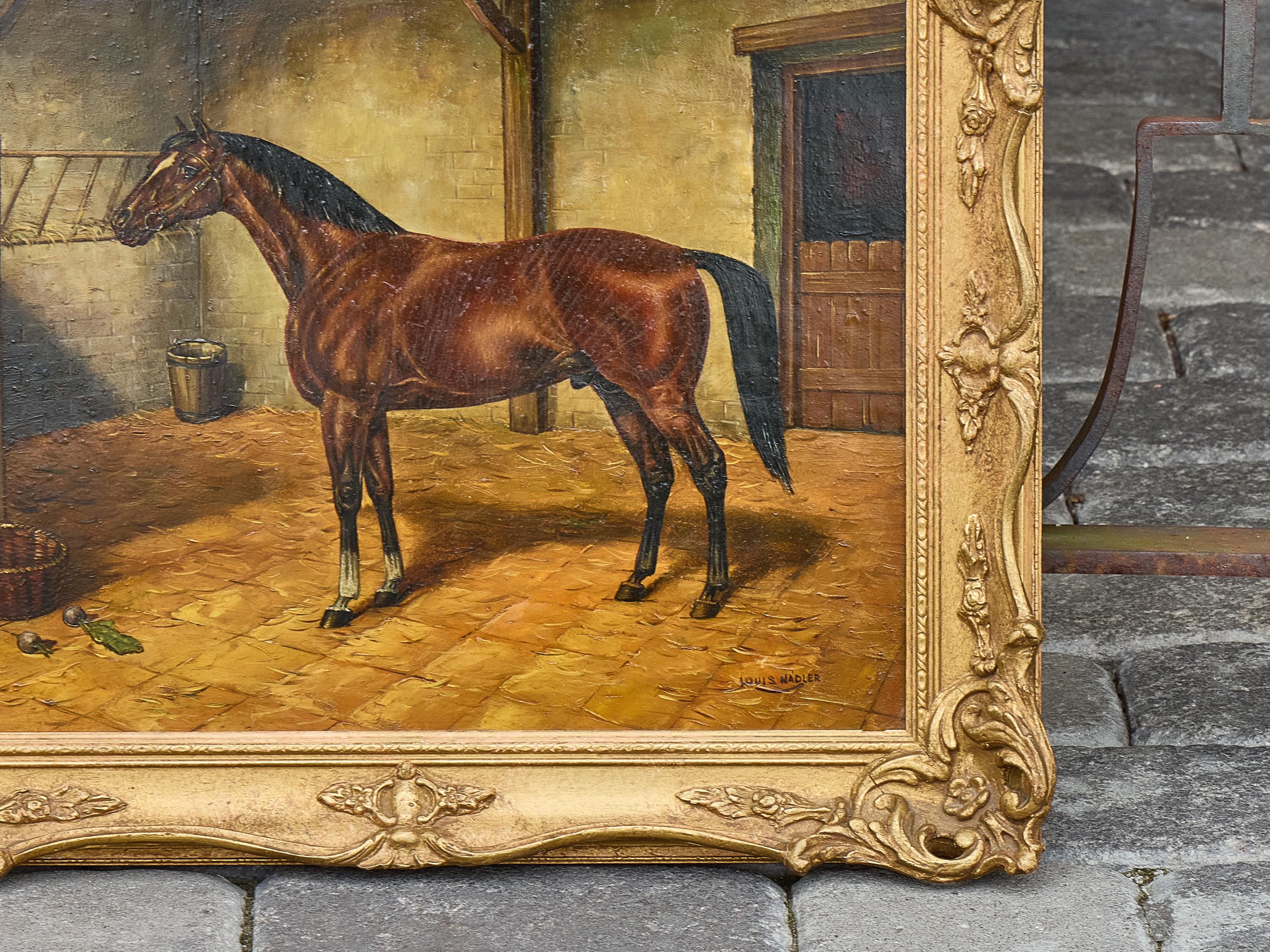 Sculpté Peinture à l'huile sur panneau représentant un cheval dans une écurie par Louis Nadler, début du 20e siècle en vente