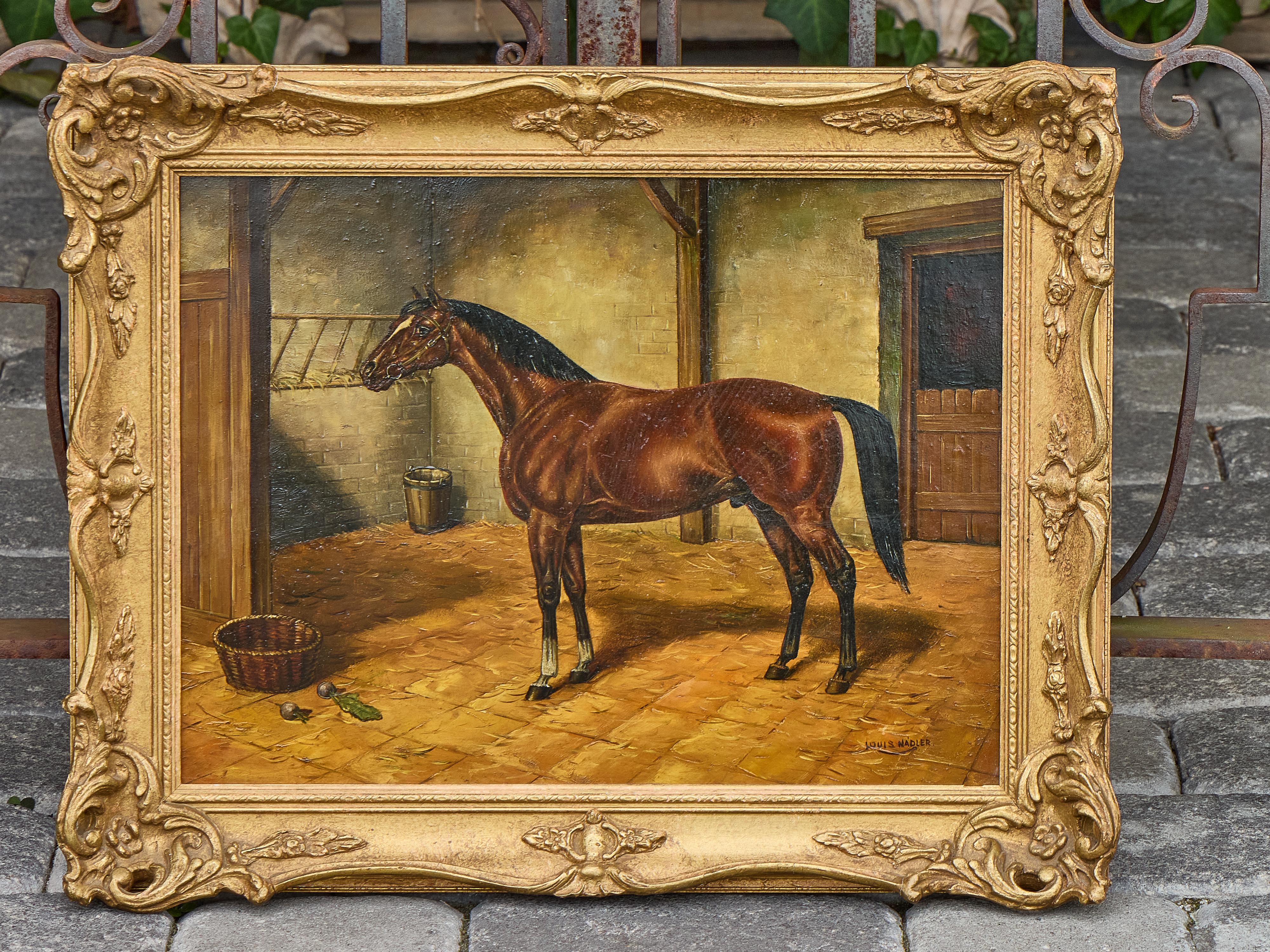 Peinture à l'huile sur panneau représentant un cheval dans une écurie par Louis Nadler, début du 20e siècle Bon état - En vente à Atlanta, GA