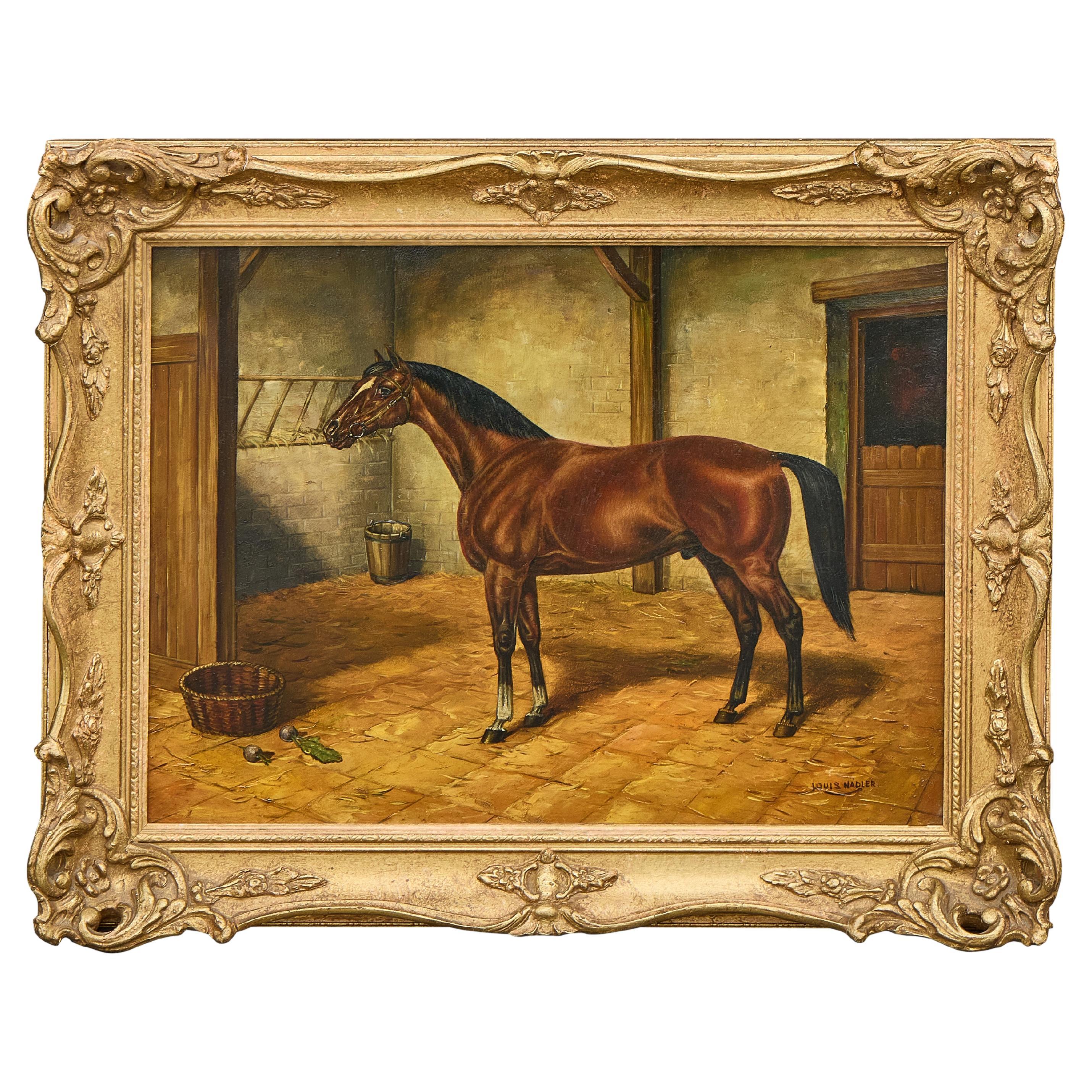 Dipinto a olio su tavola con cavallo nella stalla di Louis Nadler, inizio XX secolo