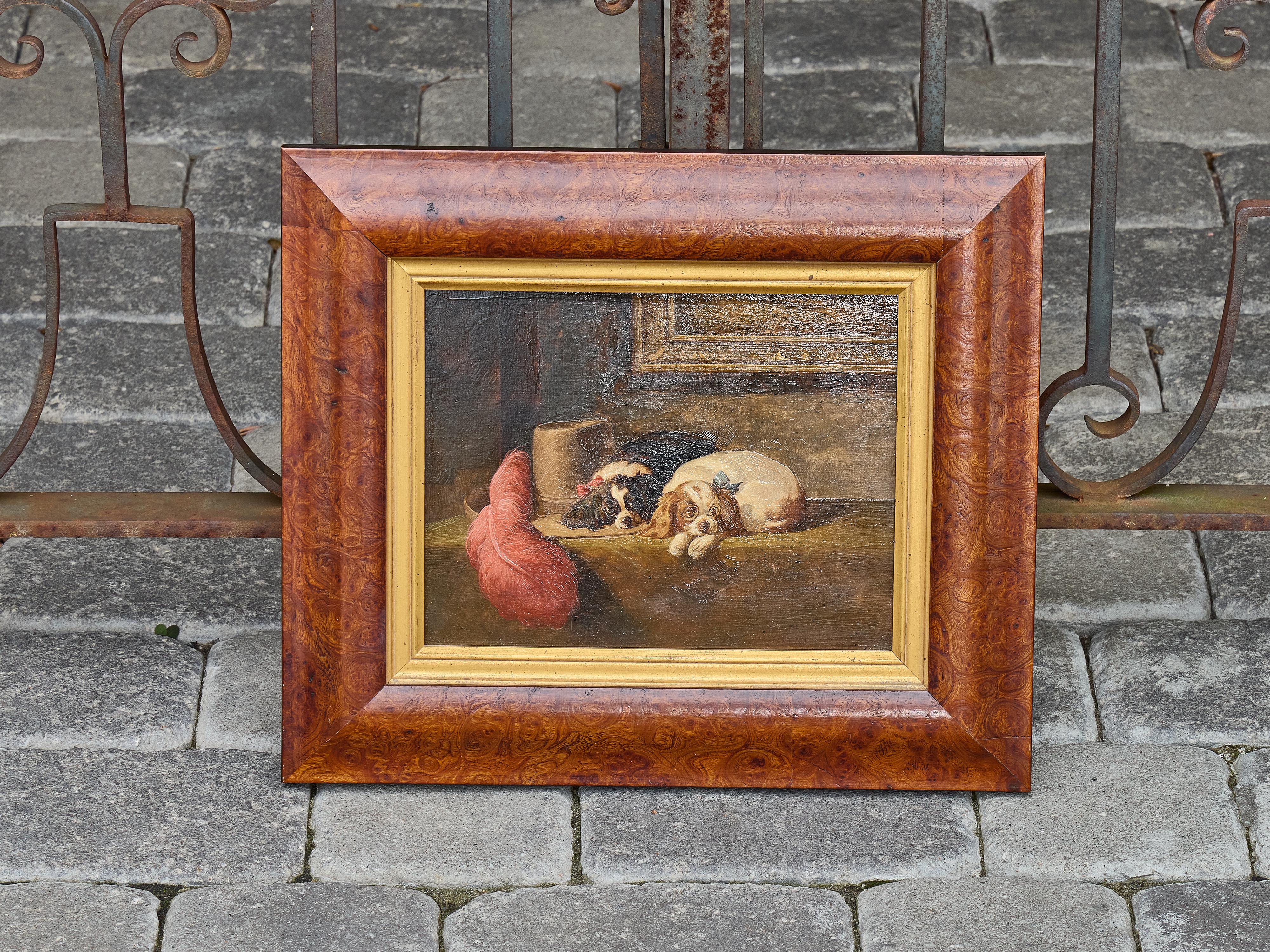 Peinture à l'huile sur carton représentant des épagneuls Charles d'après Landseer, vers 1900 en vente 6