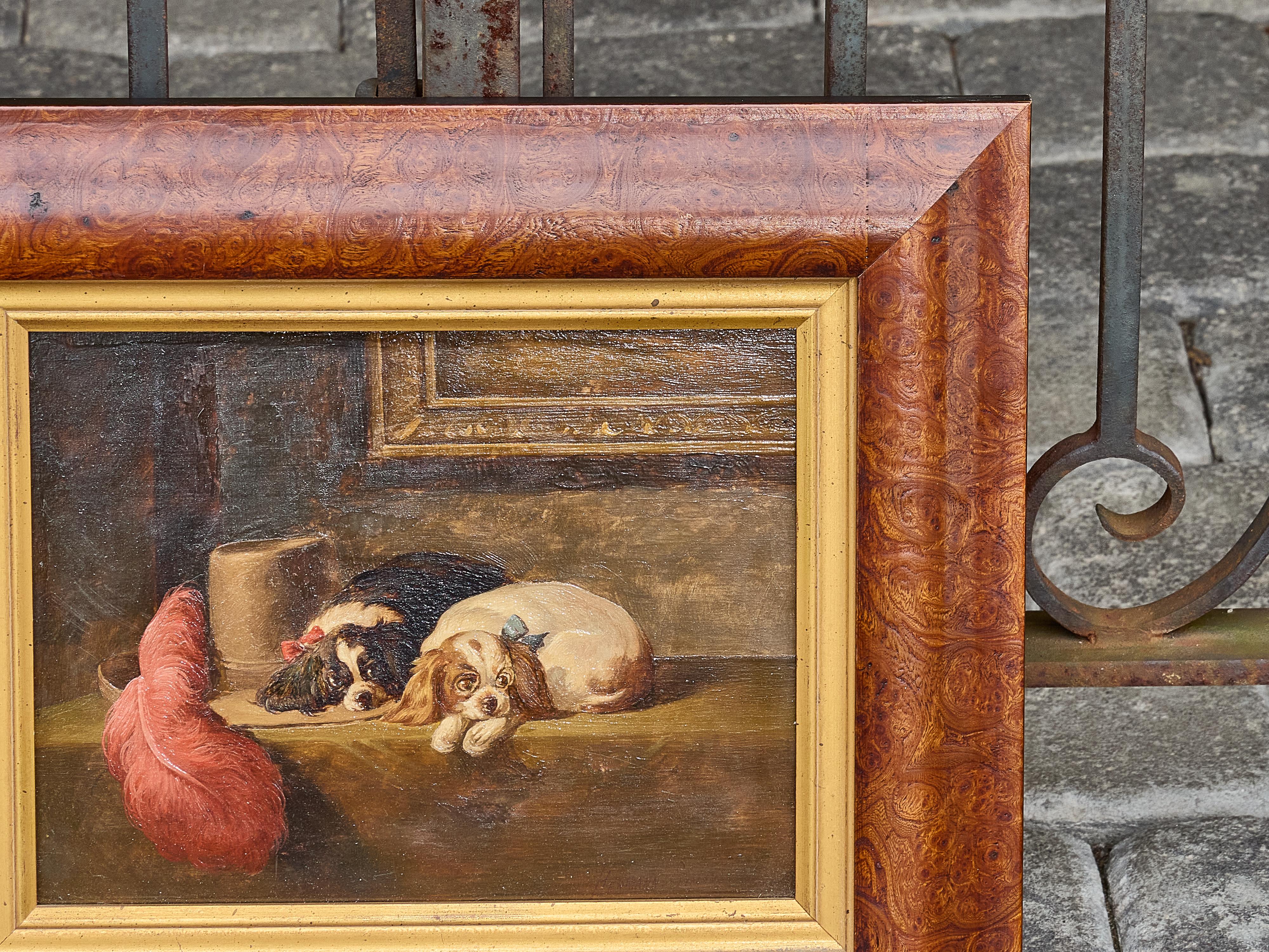 Anglais Peinture à l'huile sur carton représentant des épagneuls Charles d'après Landseer, vers 1900 en vente