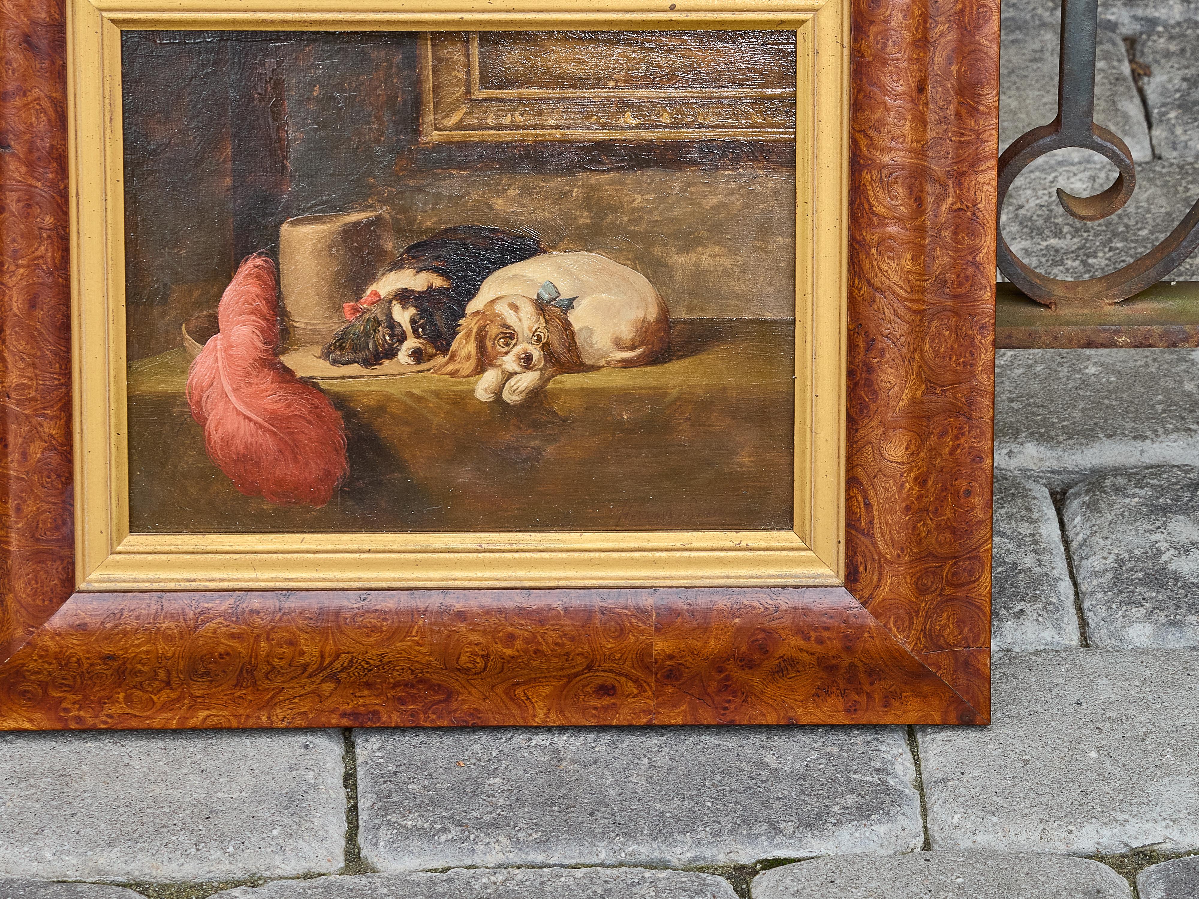Peint à la main Peinture à l'huile sur carton représentant des épagneuls Charles d'après Landseer, vers 1900 en vente