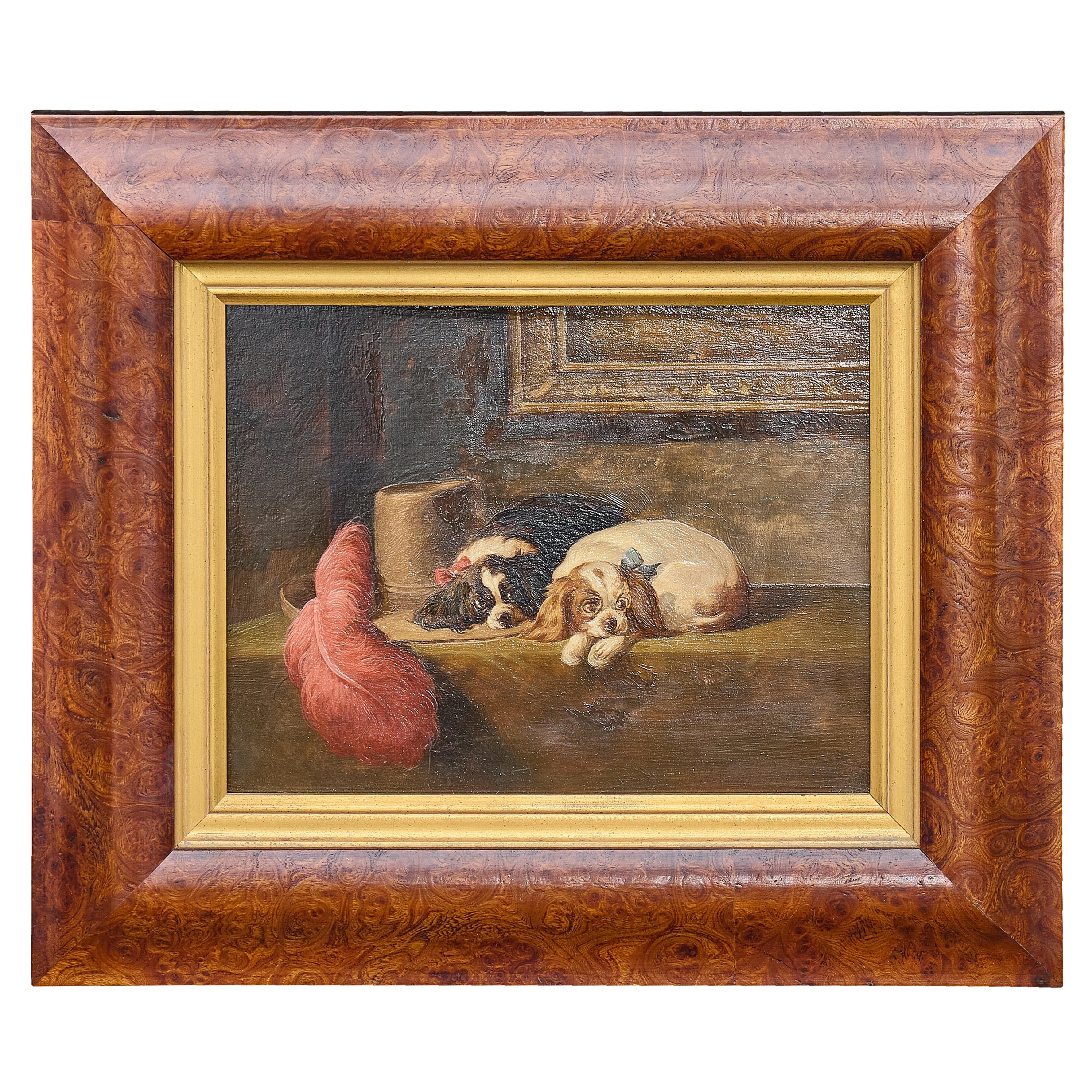 Pittura a olio su tavola di Charles Charles Spaniels dopo Landseer, circa 1900
