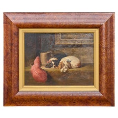 Pittura a olio su tavola di Charles Charles Spaniels dopo Landseer, circa 1900