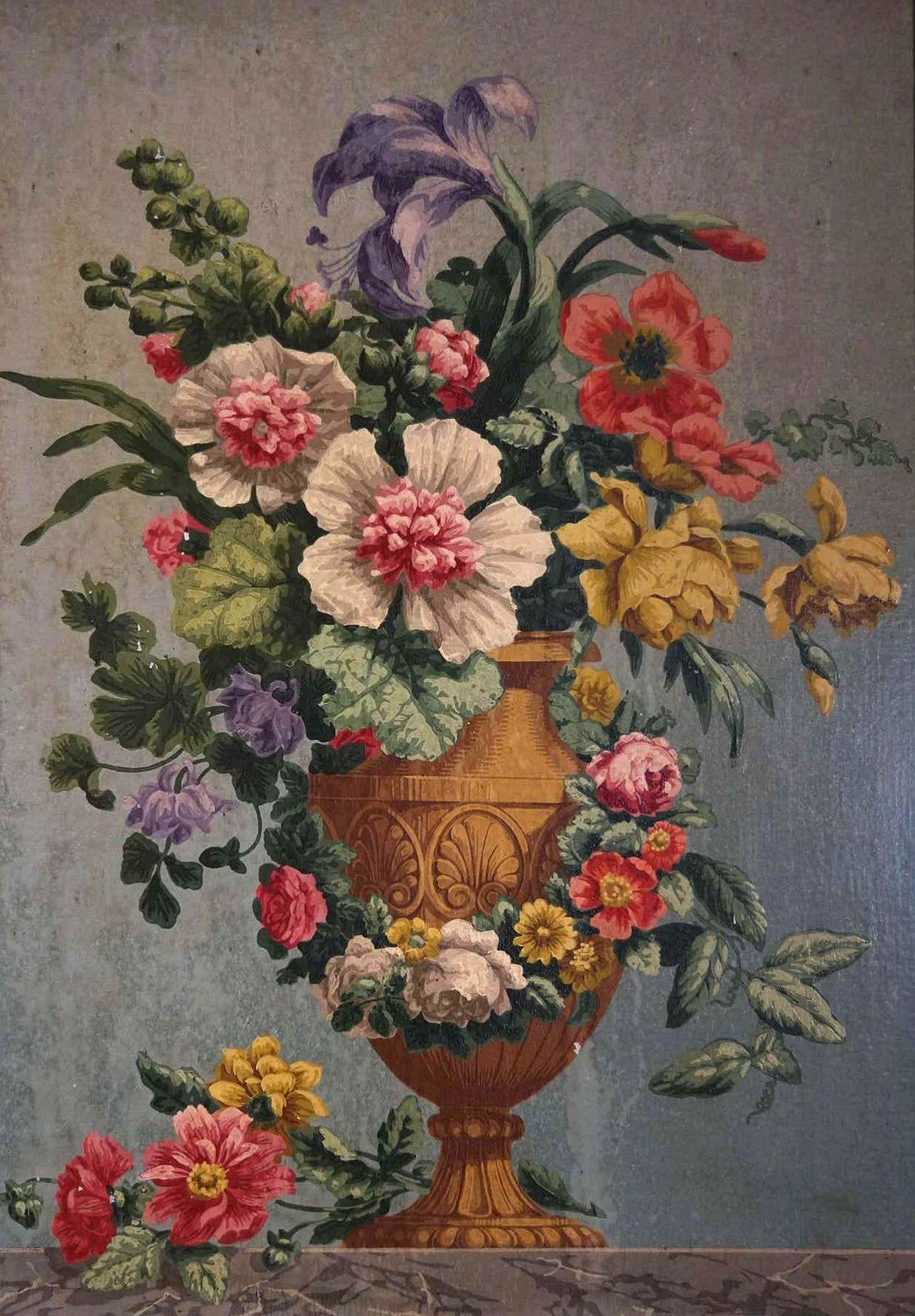 Hand-Painted Oil on Board Painting of Still Life with Flowers in Urn For Sale