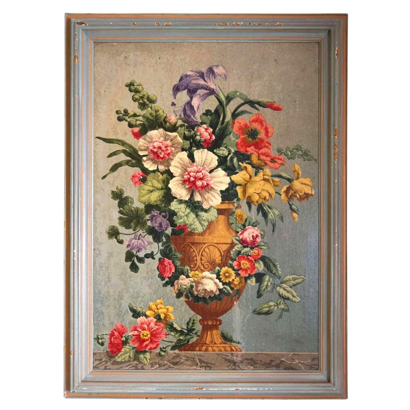 Oil on Board Painting of Still Life with Flowers in Urn