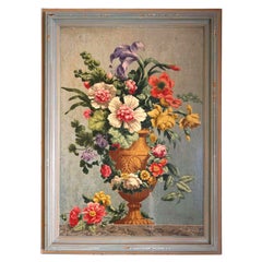 Oil on Board Painting of Still Life with Flowers in Urn