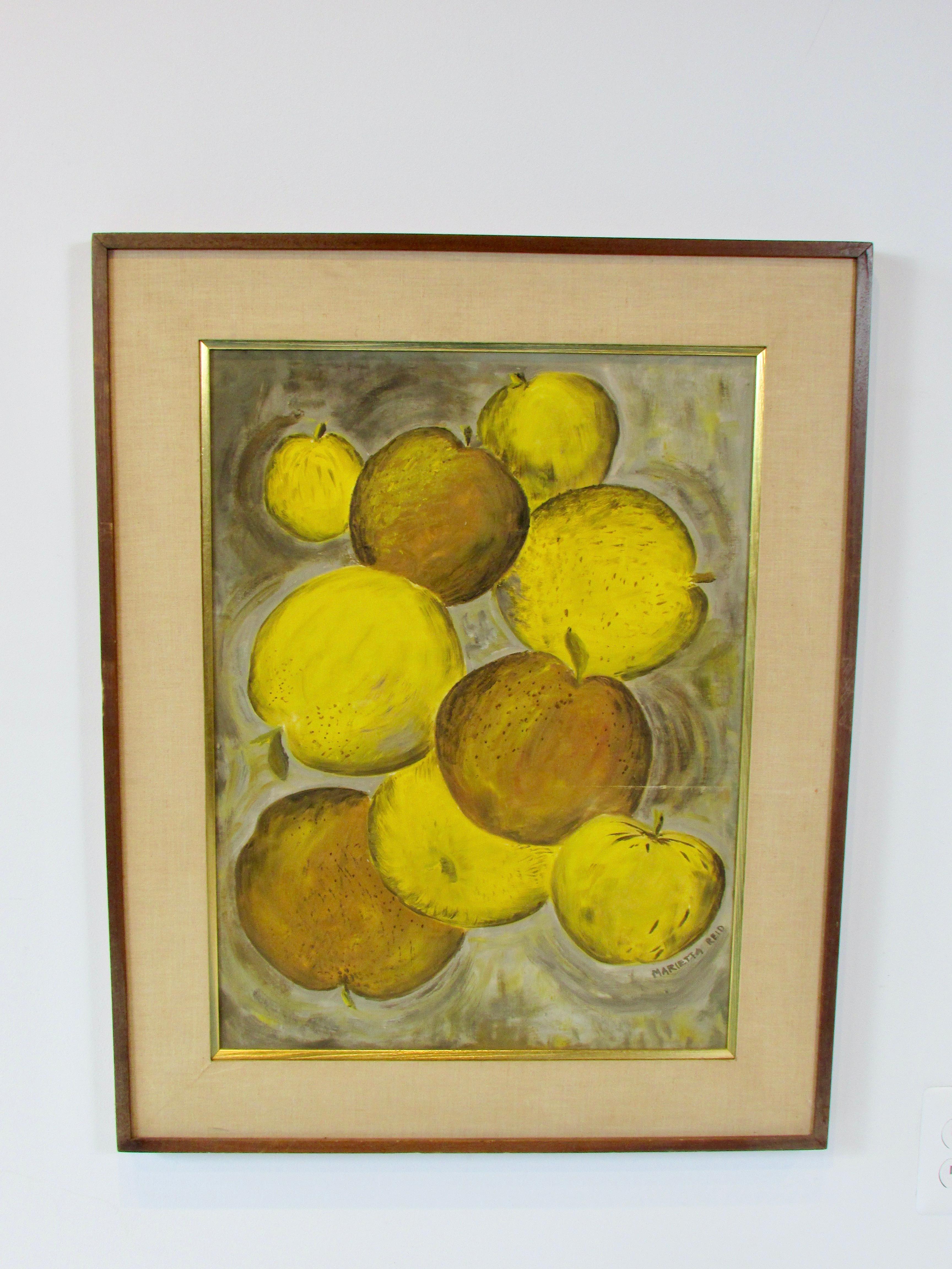 Mid-Century Modern Oil on Board Painting Tossed Fruit Detroit Artist Marietta Reid For Sale