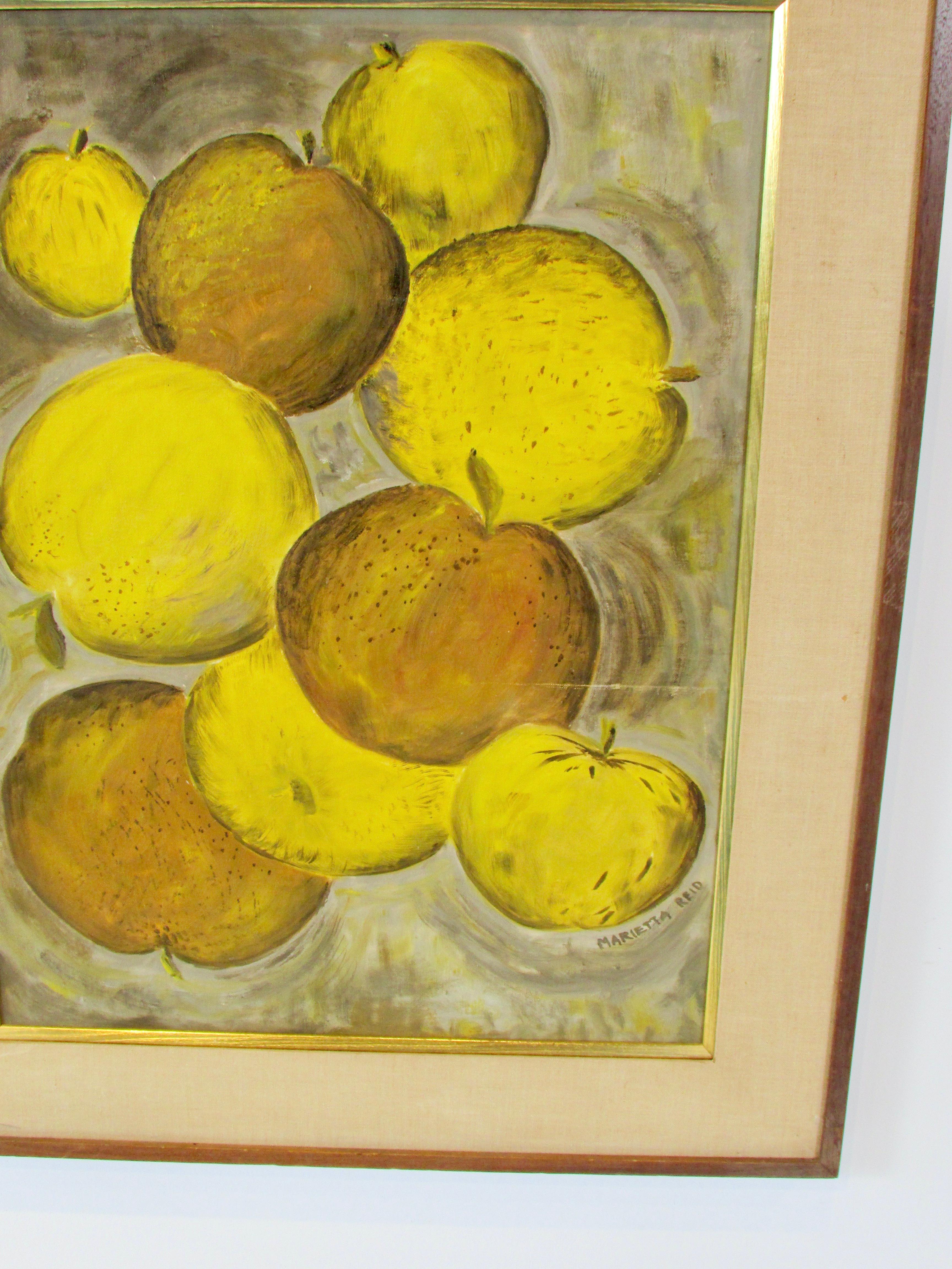 American Oil on Board Painting Tossed Fruit Detroit Artist Marietta Reid For Sale